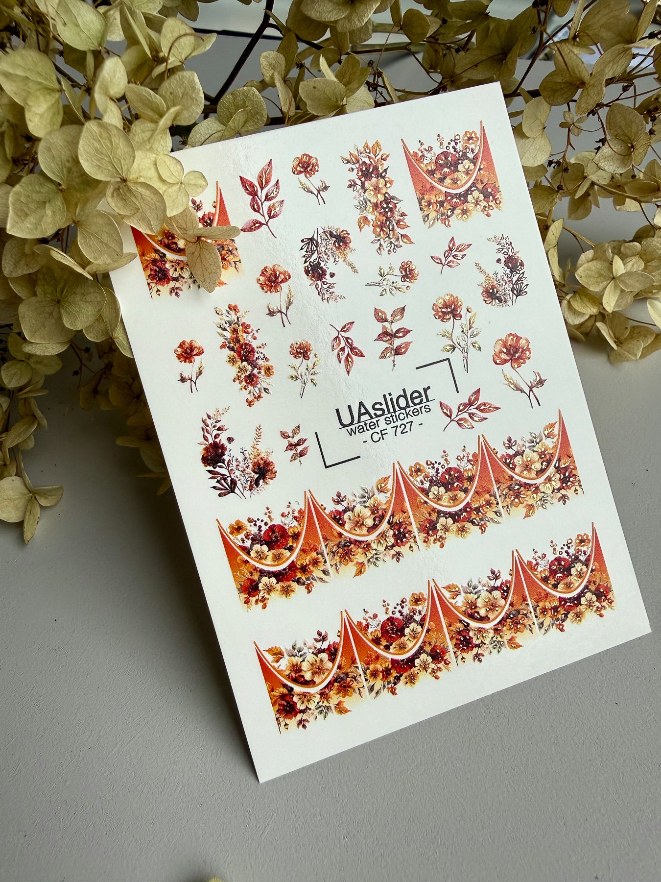 Nail Water Decal CF-727 | Water Slide Nail Decals | Warm Autumn Floral Nail Art with Golden Arches