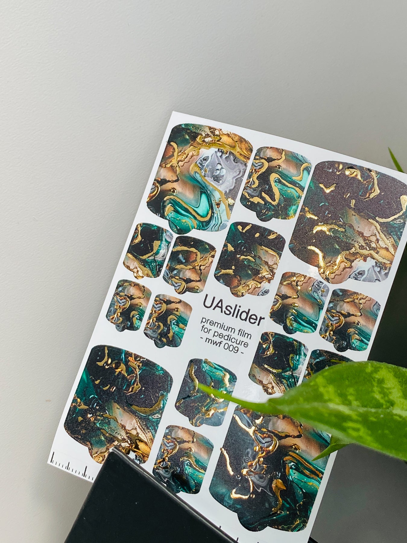 Pedicure nail wrap films mwf-009 | Nail Wrap Films for Pedicure | Emerald Gray Marble with Gold Foil