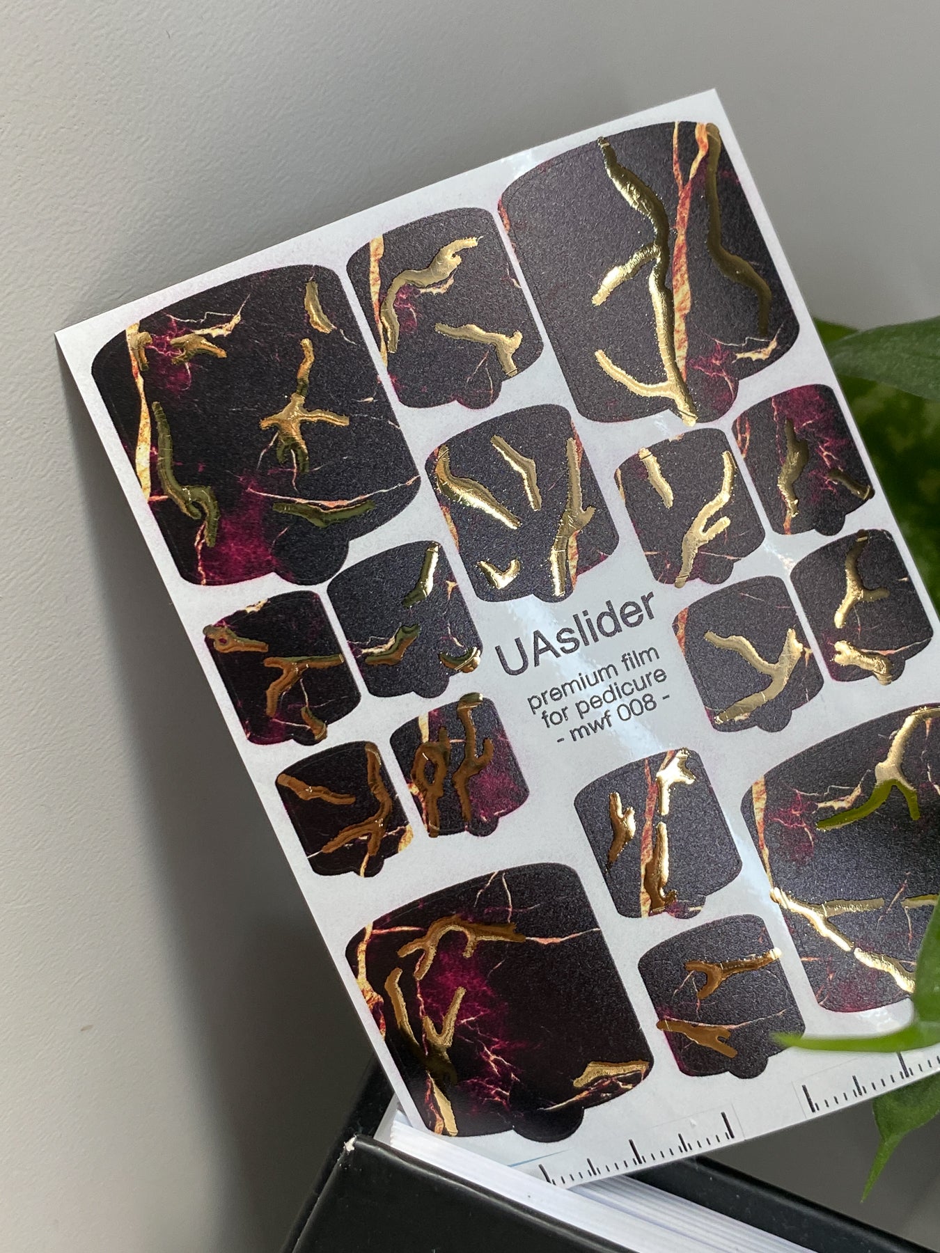 Pedicure nail wrap films mwf-008 | Nail Wrap Films for Pedicure | Black Burgundy Marble with Gold Foil