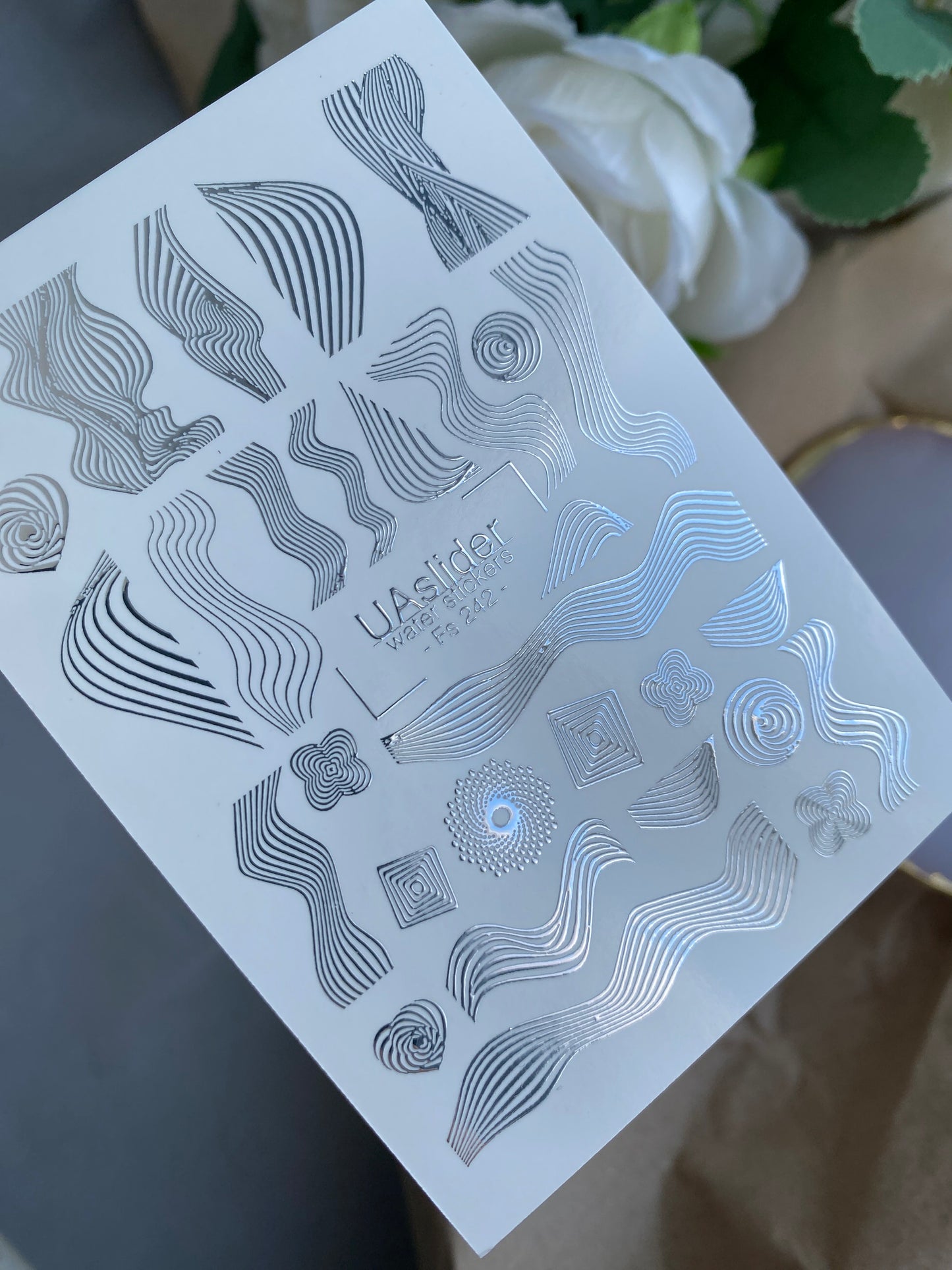 Nail Water Decal Fs-242 | Abstract Water Slide Nail Decals | Silver Foil Waves & Geometric Lines