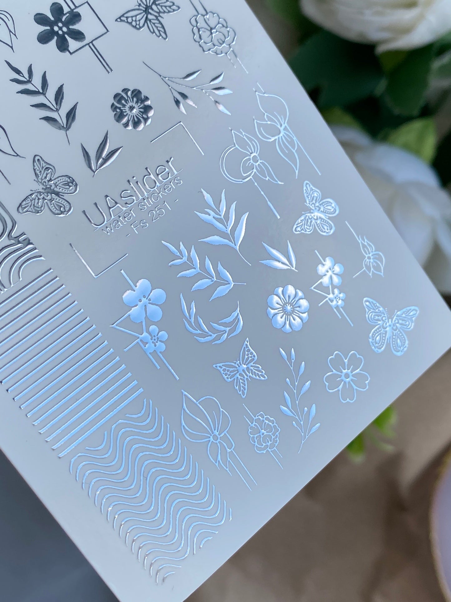 Nail Water Decal Fs-251 | Mixed Water Slide Nail Decals | Silver Foil Flowers, Butterflies & Abstract Lines