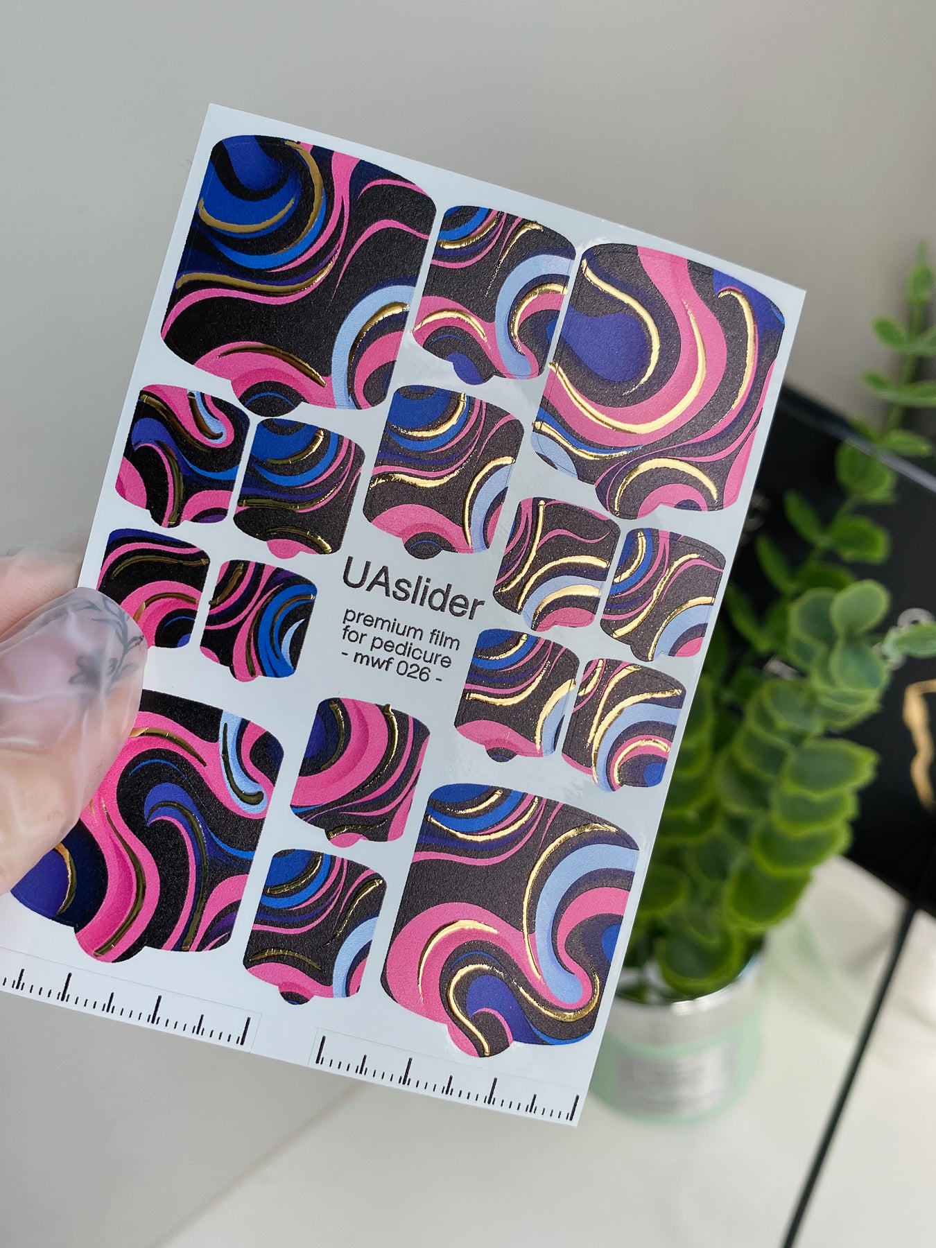 Pedicure nail wrap films mwf-026 | Nail Wrap Films for Pedicure | Retro Swirl Pink & Blue with Gold Foil