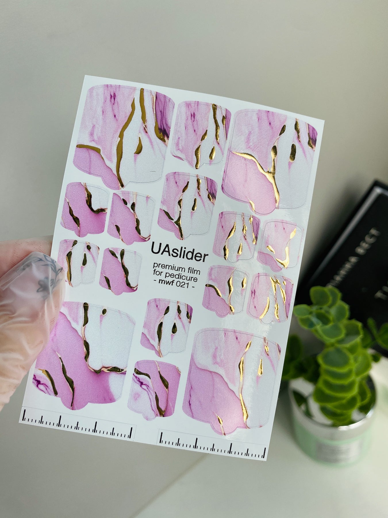 Pedicure nail wrap films mwf-021 | Nail Wrap Films for Pedicure | Pink White Marble with Gold Foil