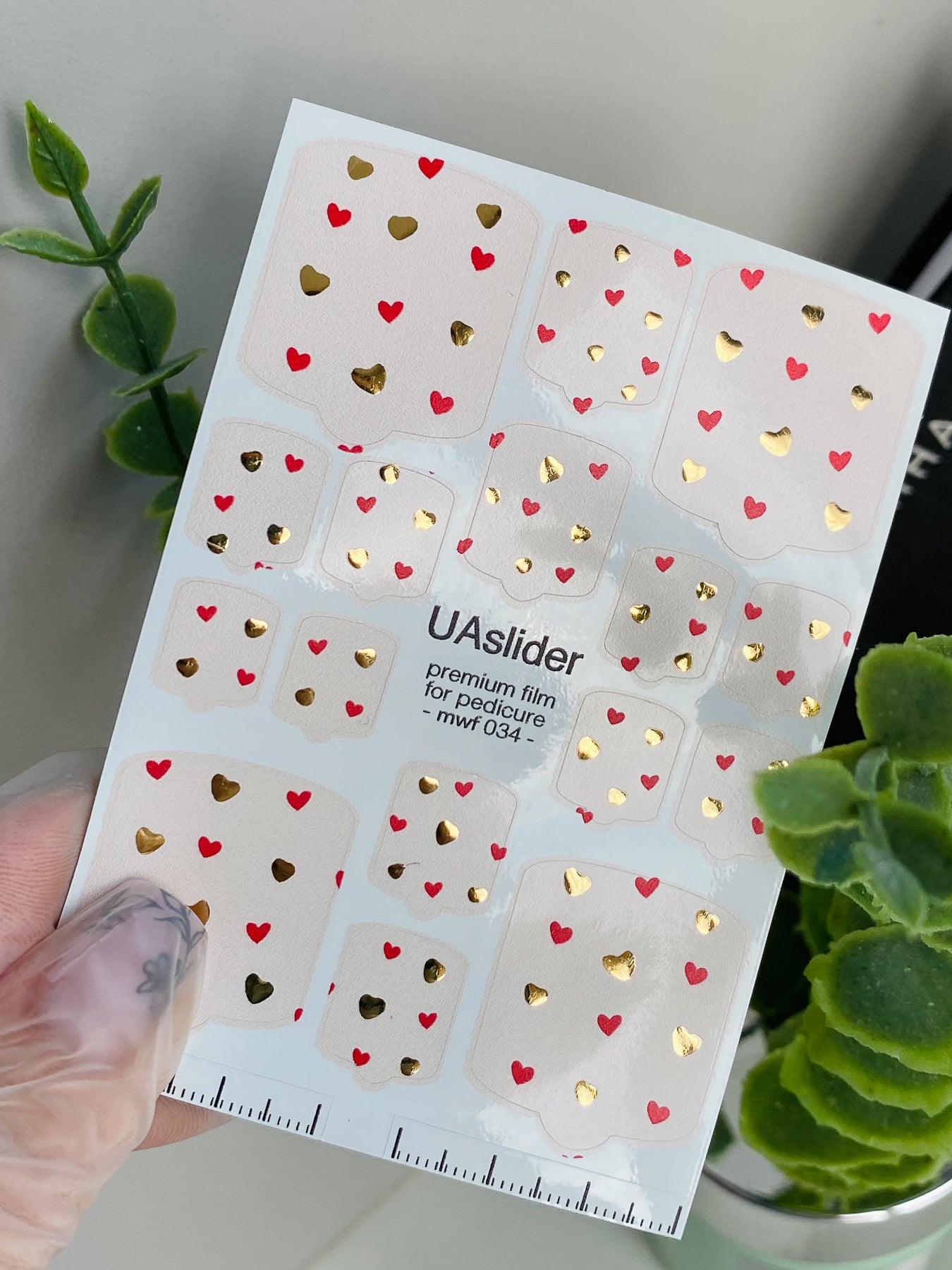 Pedicure nail wrap films mwf-034 | Nail Wrap Films for Pedicure | Nude Base with Gold & Red Hearts Foil Design