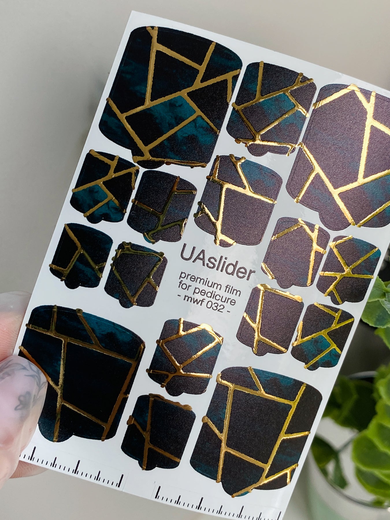 Pedicure nail wrap films mwf-032 | Nail Wrap Films for Pedicure | Black and Emerald Geometric with Gold Foil