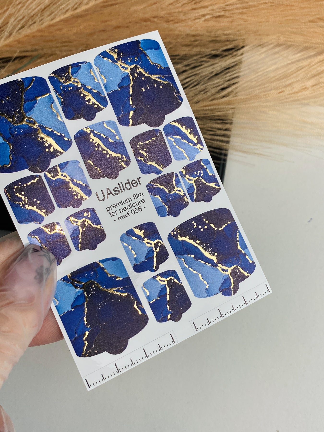 Pedicure nail wrap films mwf-056 | Nail Wrap Films for Pedicure | Blue Marble with Gold Foil
