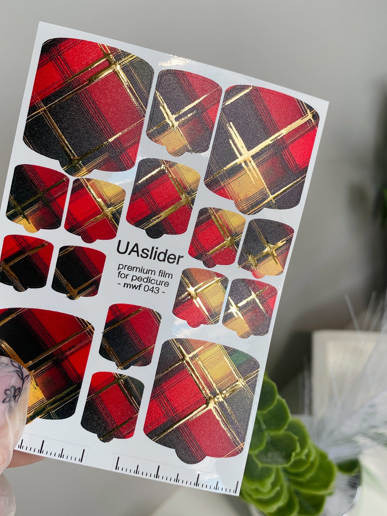 Pedicure nail wrap films mwf-043 | Nail Wrap Films for Pedicure | Red Tartan Pattern with Gold Foil