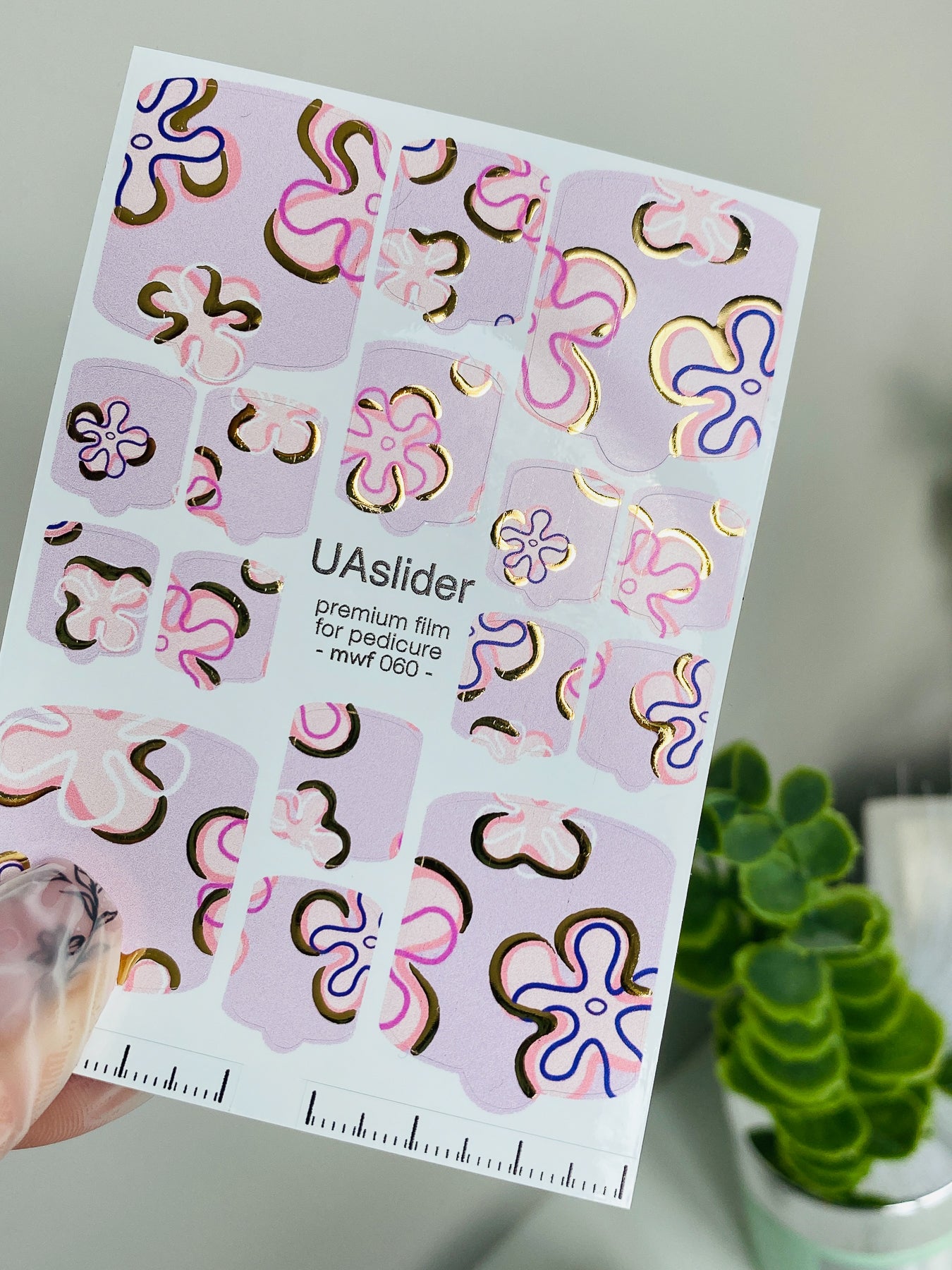 Pedicure nail wrap films mwf-060 | Nail Wrap Films for Pedicure | Pastel Floral Design with Gold Foil