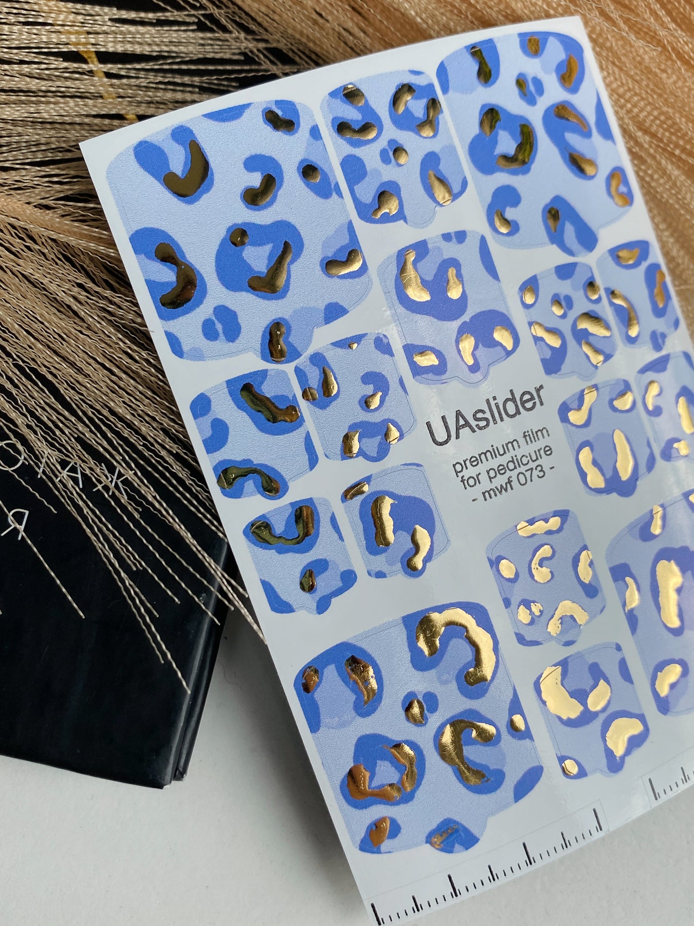Pedicure nail wrap films mwf-073 | Nail Wrap Films for Pedicure | Blue Leopard Pattern with Gold Foil