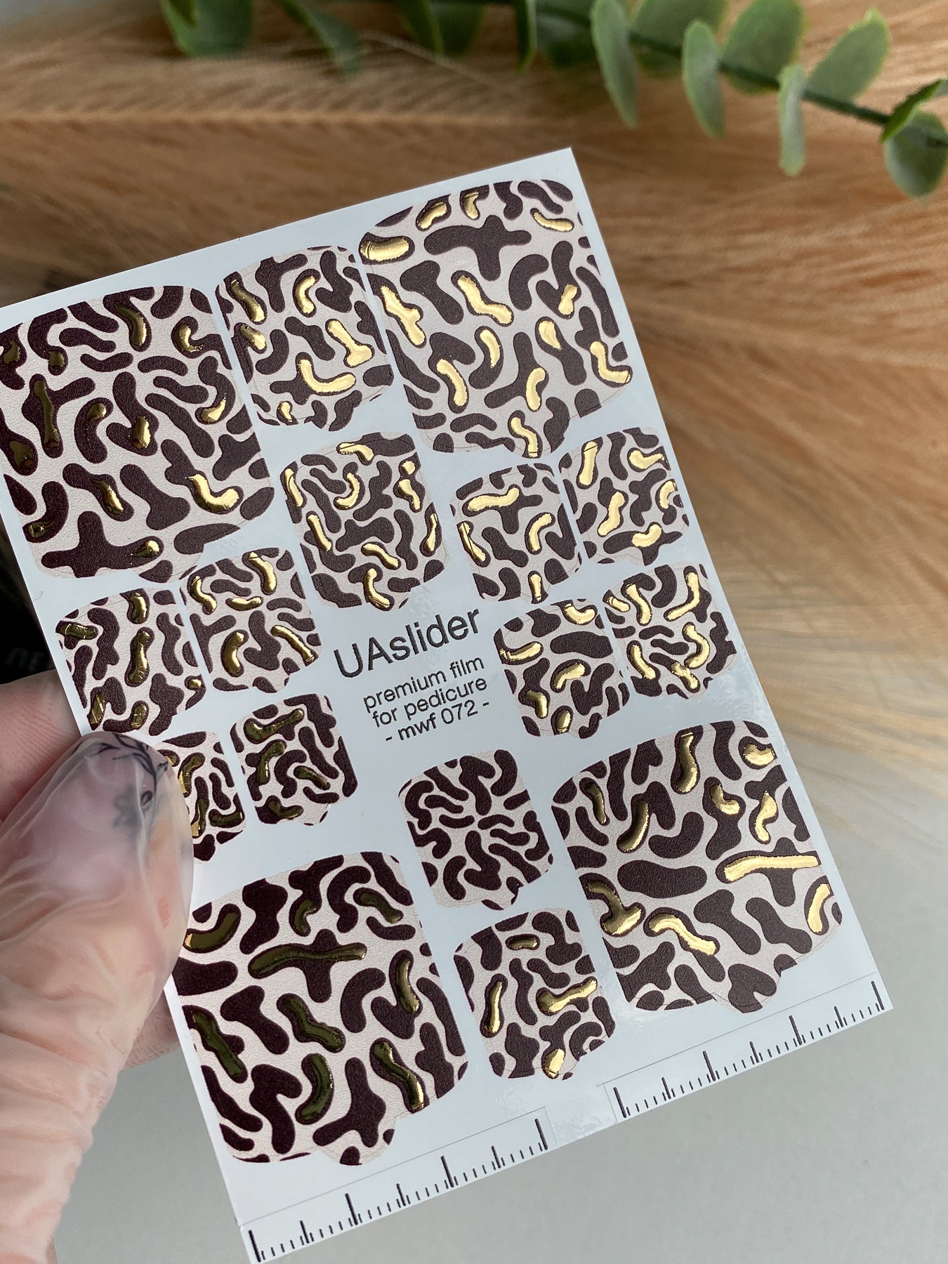 Pedicure nail wrap films mwf-072 | Nail Wrap Films for Pedicure | Brown Abstract Pattern with Gold Foil