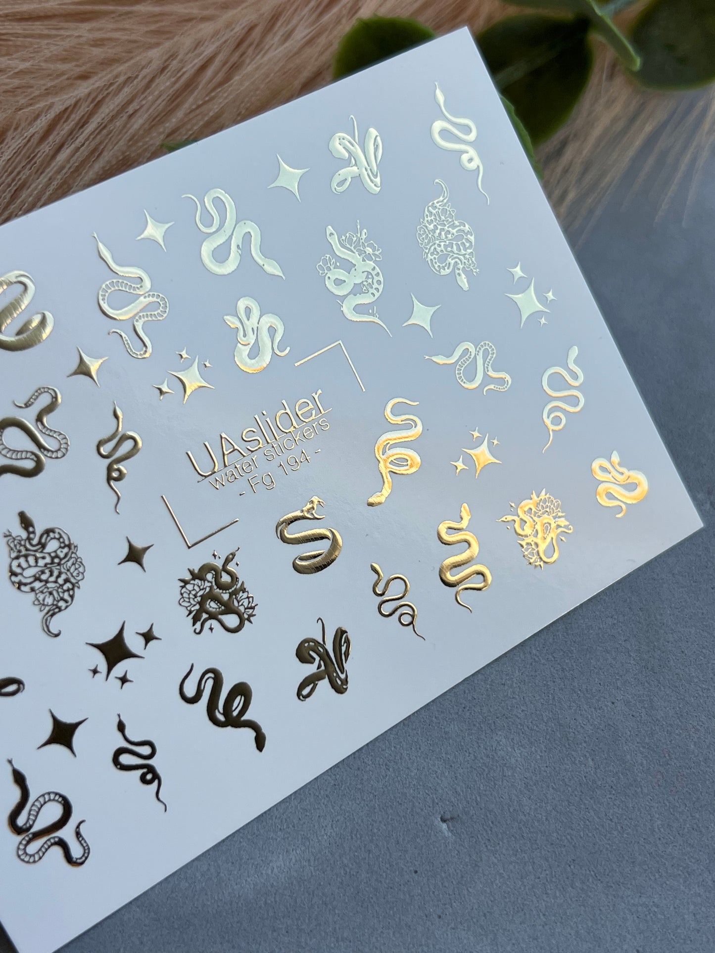 Nail Water Decal Fg-194 | Water Slide Nail Decals | Gold Foil Snakes & Stars