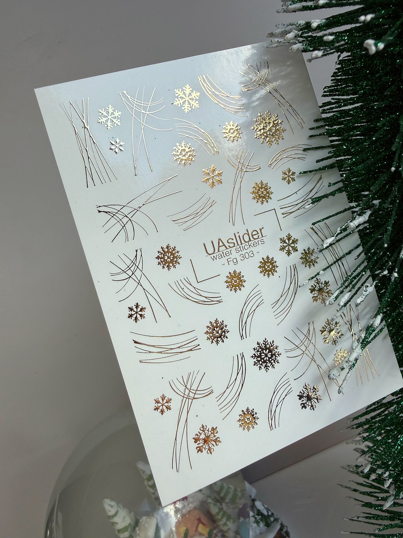 Nail Water Decal Fg-303 | Water Slide Nail Decals | Gold Snowflakes with Minimalist Lines