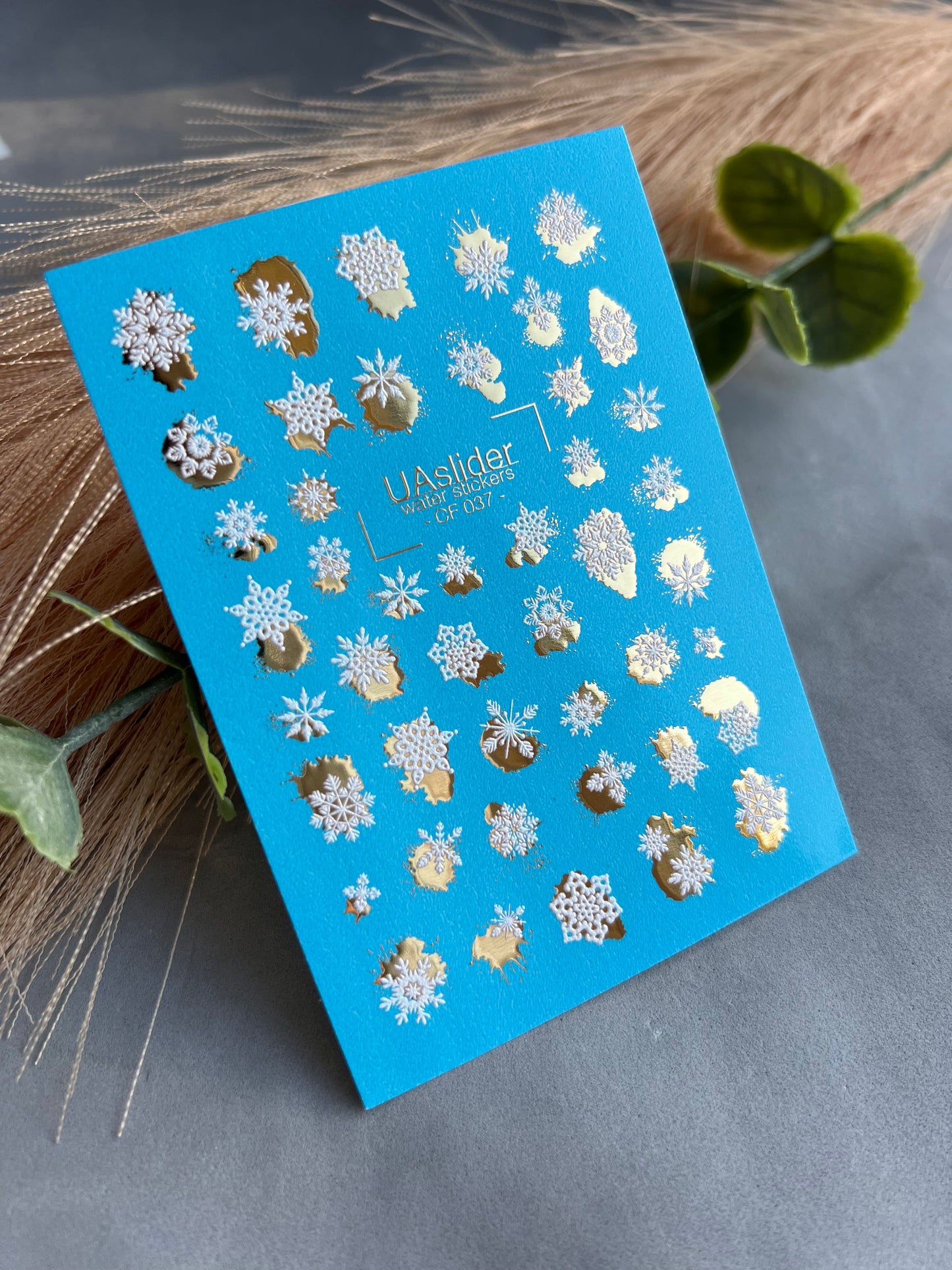 Nail Water Decal CF-037 | Snowflake Water Slide Nail Decals | White Winter Snowflakes with Gold Foil