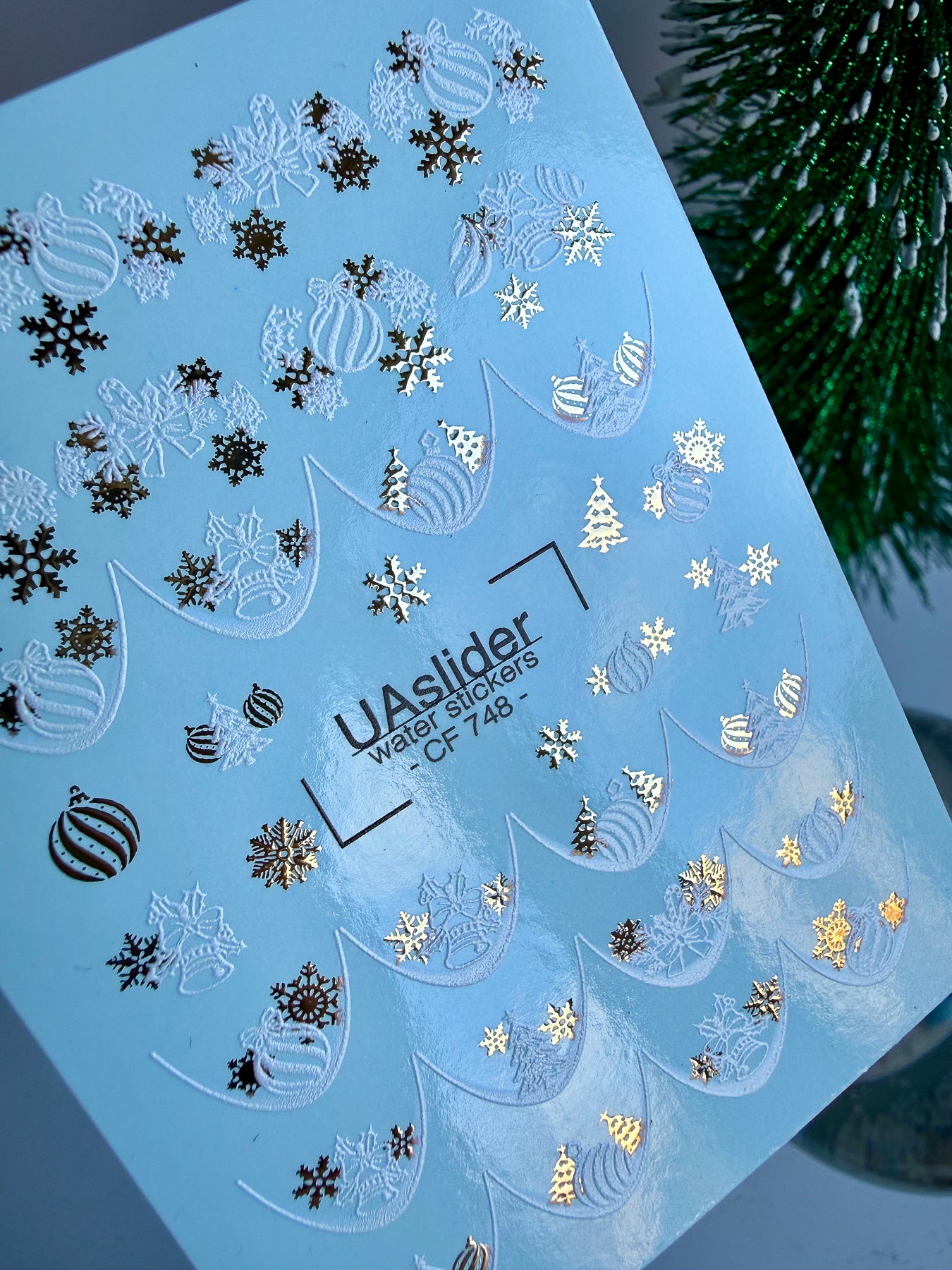 Nail Water Decal CF-748 | Water Slide Nail Decals | Christmas Ornaments and Gold Snowflakes