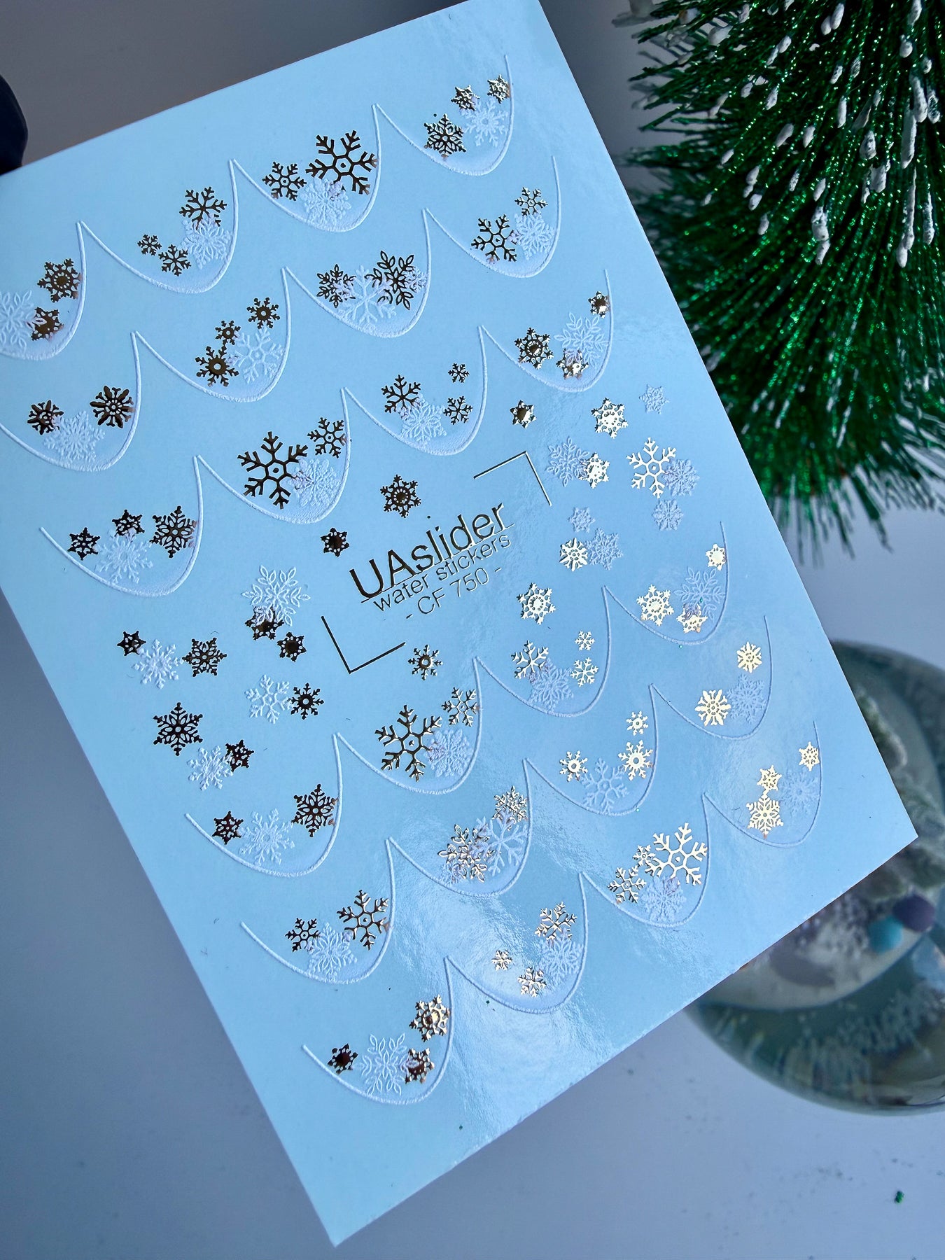 Nail Water Decal CF-750 | Water Slide Nail Decals | Gold and White Snowflake French Tips