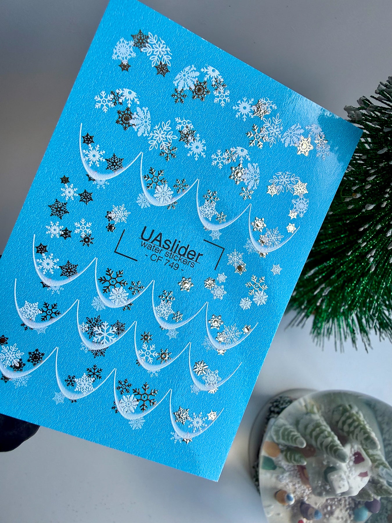 Nail Water Decal CF-749 | Water Slide Nail Decals | White and Gold Snowflake French Design