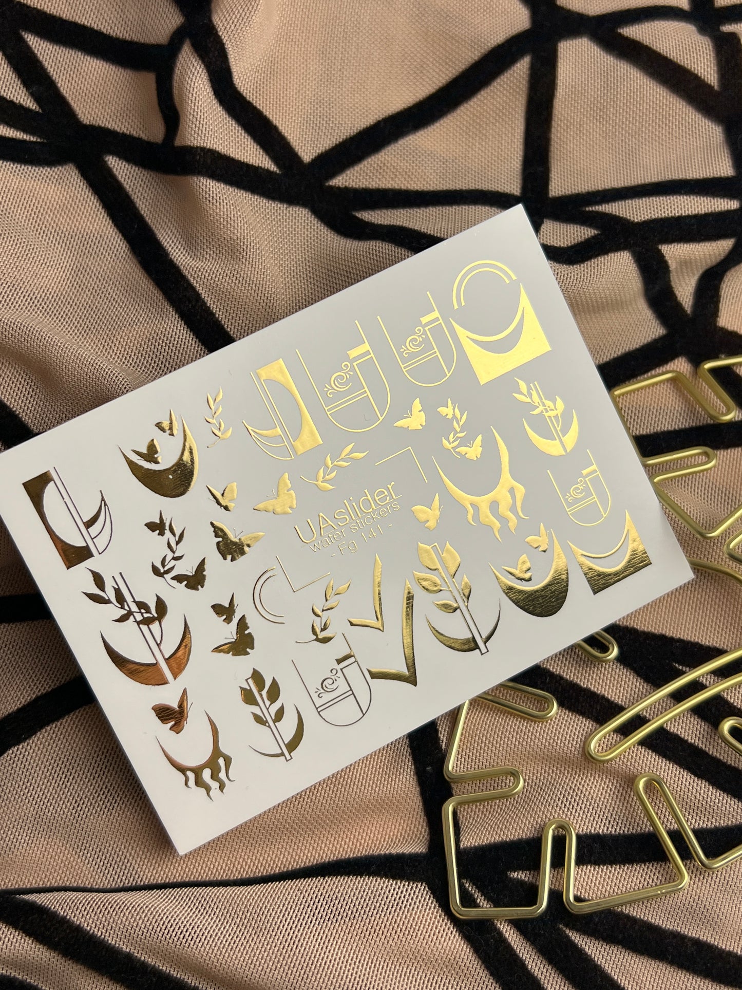 Nail Water Decal Fg-141 | Water Slide Nail Decals with Gold Geometric Moons and Butterflies | Modern Nail Tattoos