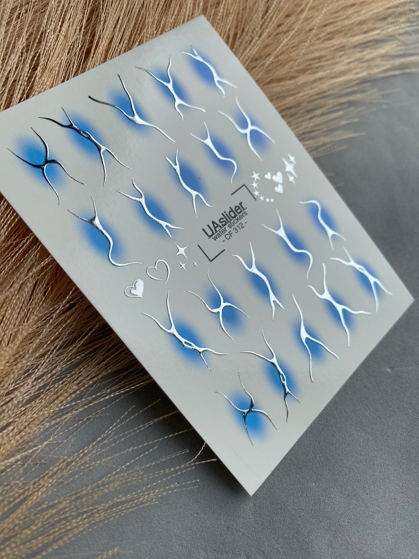 Nail Water Decal CF-312 | Abstract Silver Water Slide Nail Decals | Blue Shadows, Hearts & Stars
