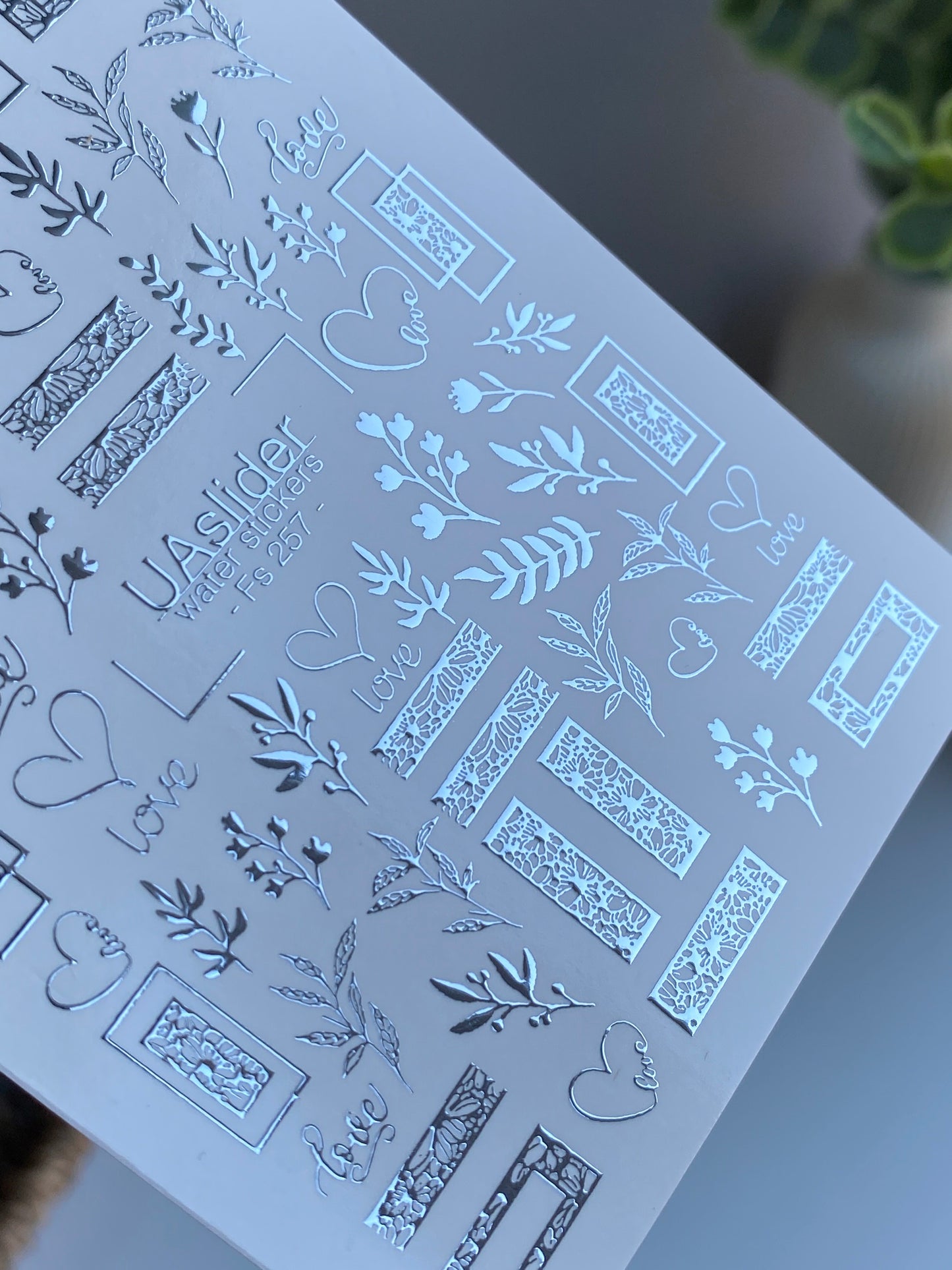 Nail Water Decal Fs-257 | Romantic Water Slide Nail Decals | Silver Foil Love, Hearts & Floral Frames