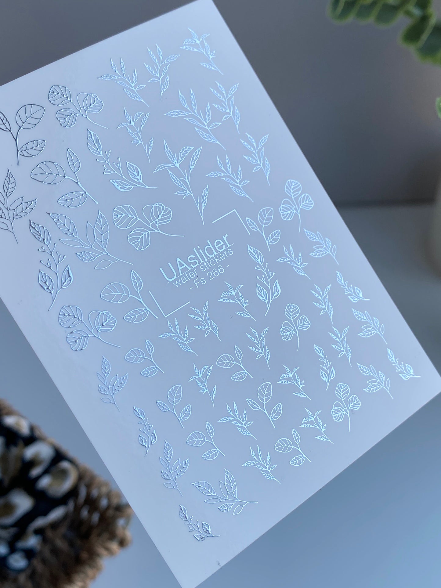 Nail Water Decal Fs-266 | Botanical Water Slide Nail Decals | Silver Foil Leaves & Branches