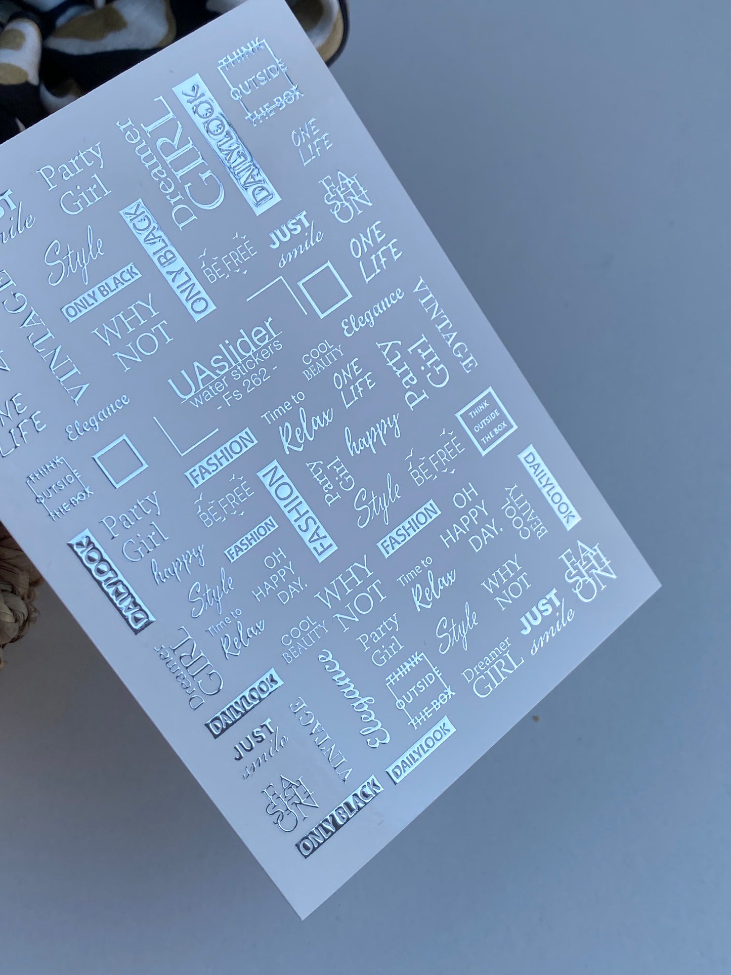 Nail Water Decal Fs-262 | Fashion Text Water Slide Nail Decals | Silver Foil Words & Trendy Phrases