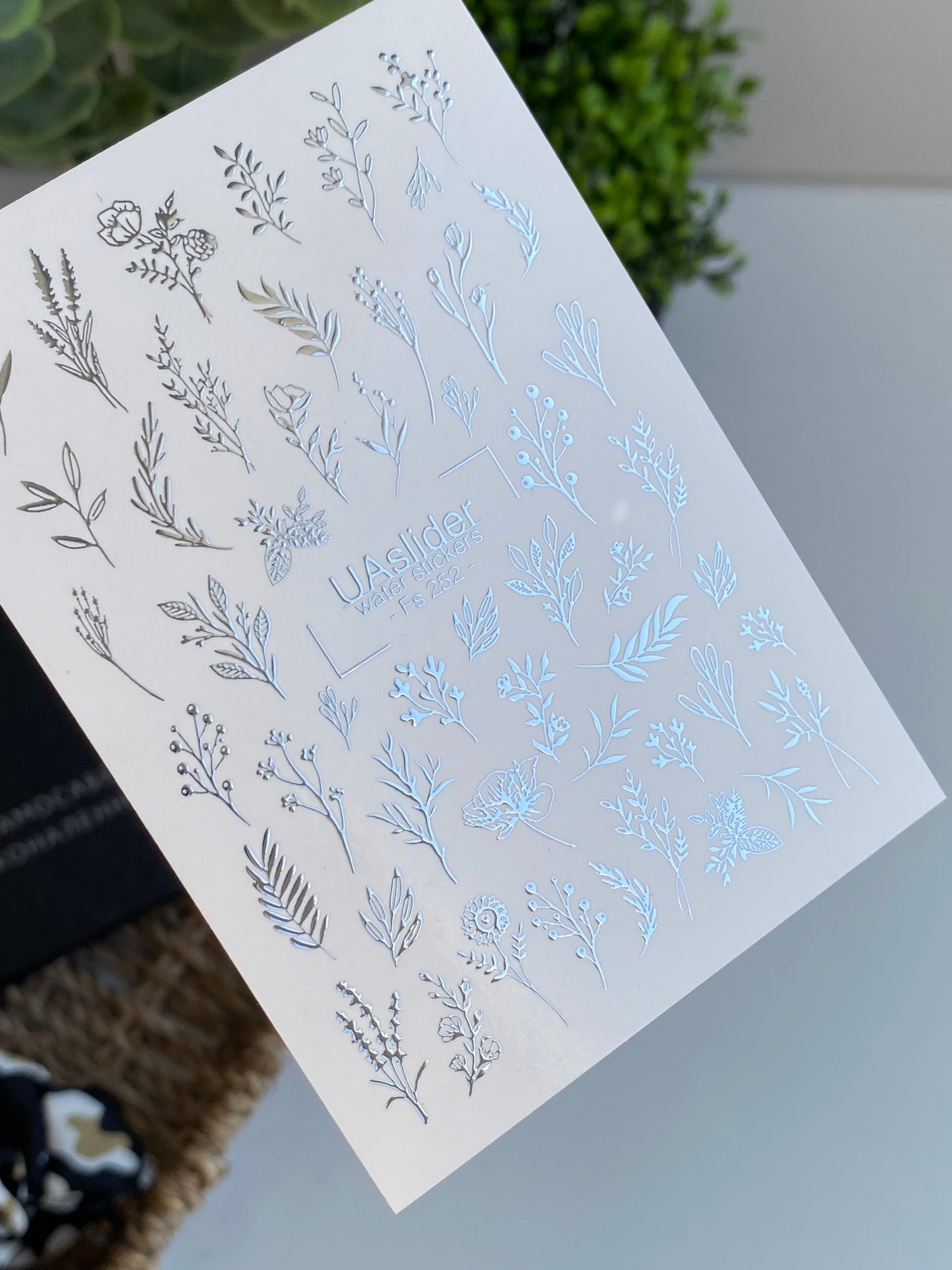 Nail Water Decal Fs-252 | Botanical Water Slide Nail Decals | Silver Foil Leaves & Wildflowers