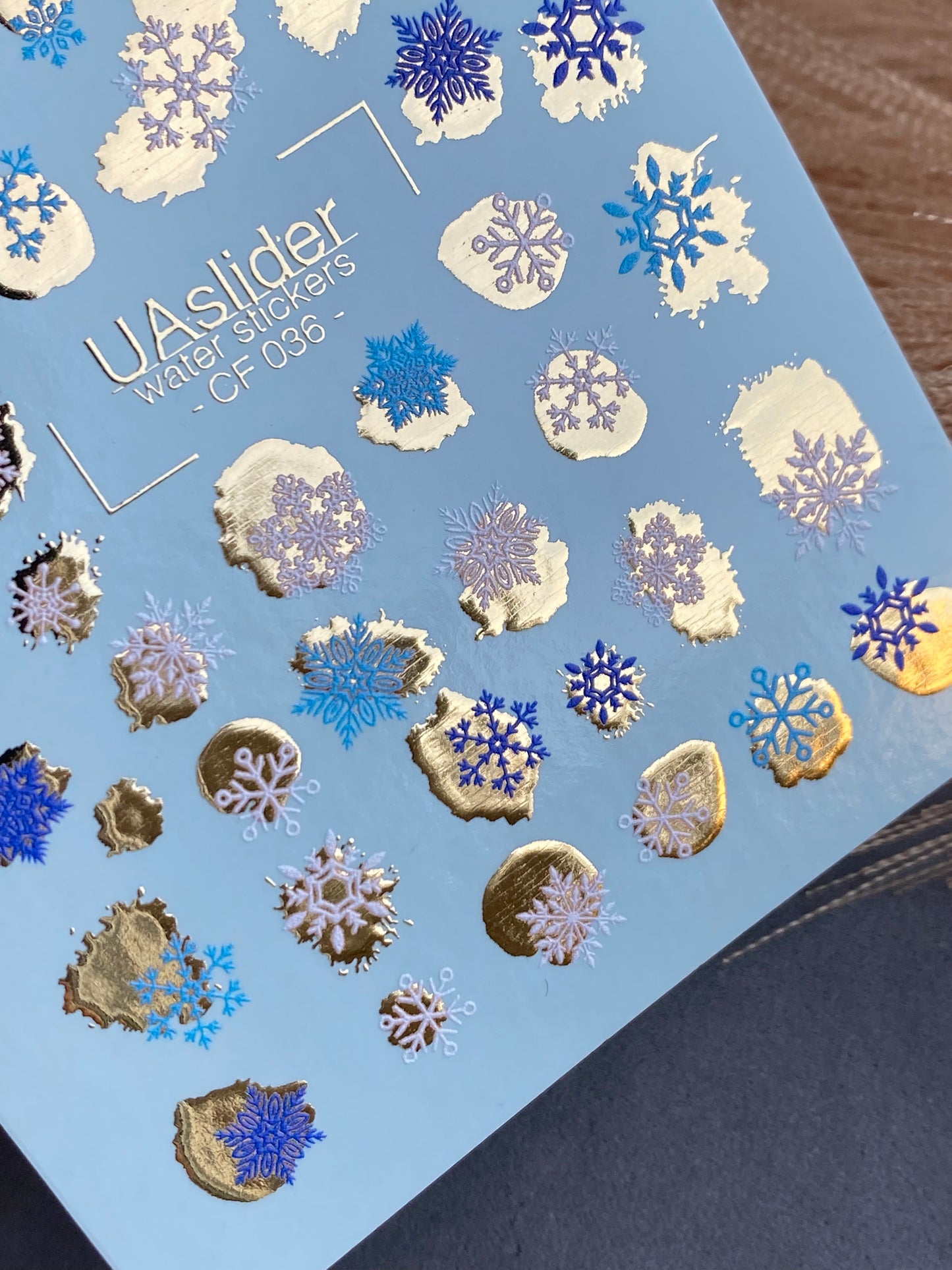 Nail Water Decal CF-036 | Winter Snowflake Water Slide Nail Decals | Blue, White & Gold Foil Accents