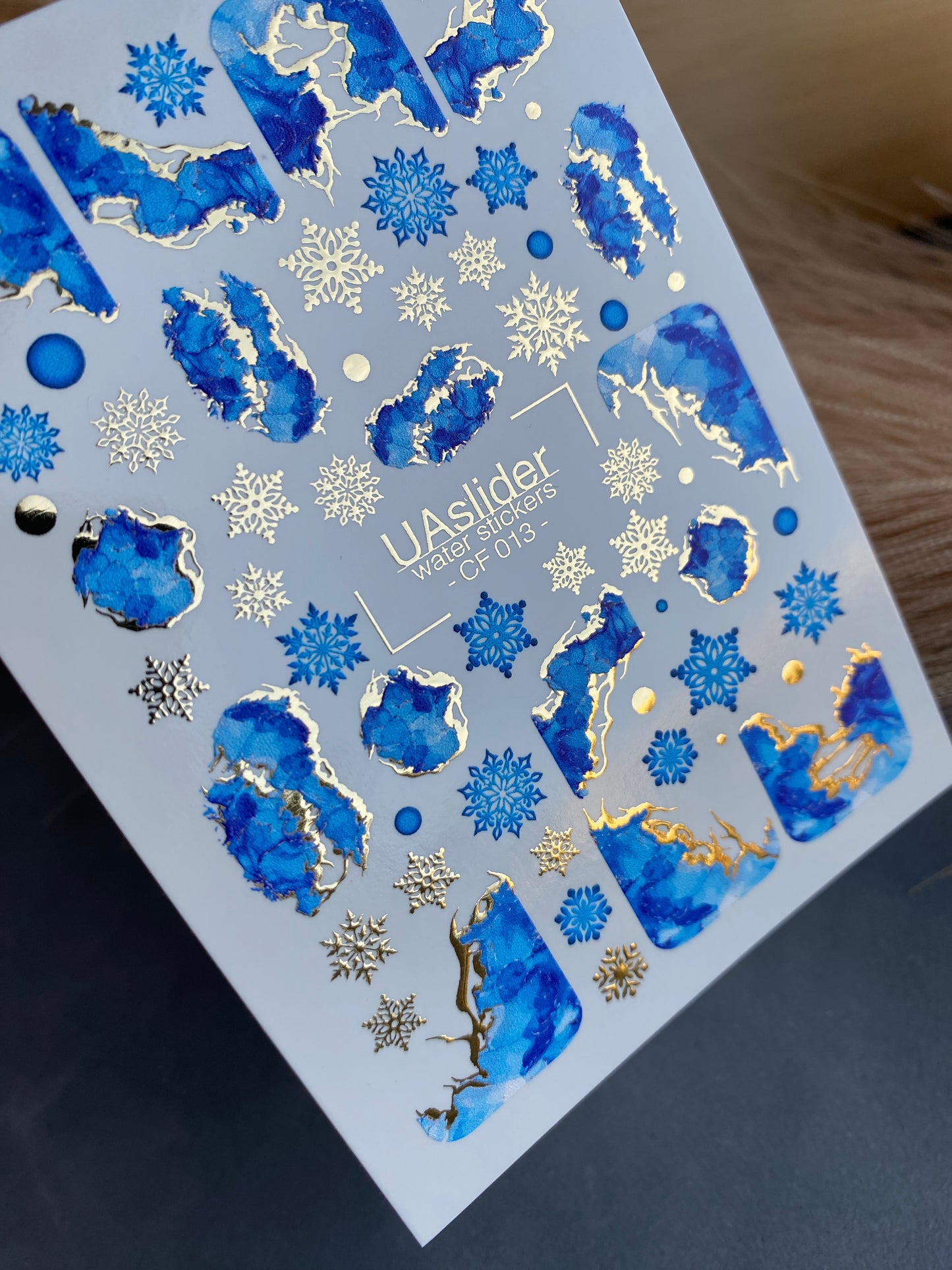 Nail Water Decal CF-013 | Marble Water Slide Nail Decals, Blue Stone Textures with Gold Foil and Snowflakes