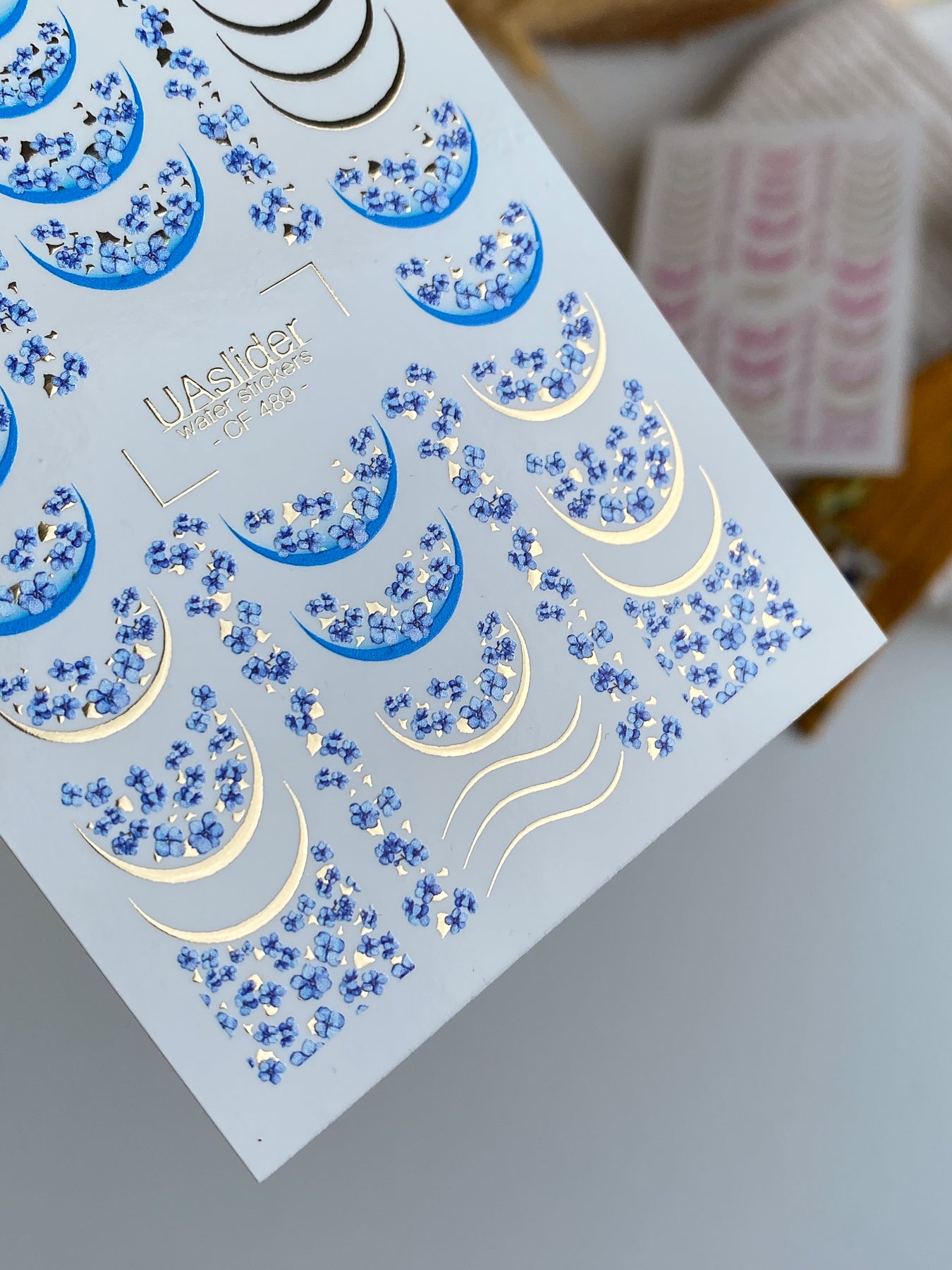 Nail Water Decal CF-489 | Blue Forget-Me-Not Nail Water Decals with Gold Accents | Floral French Design