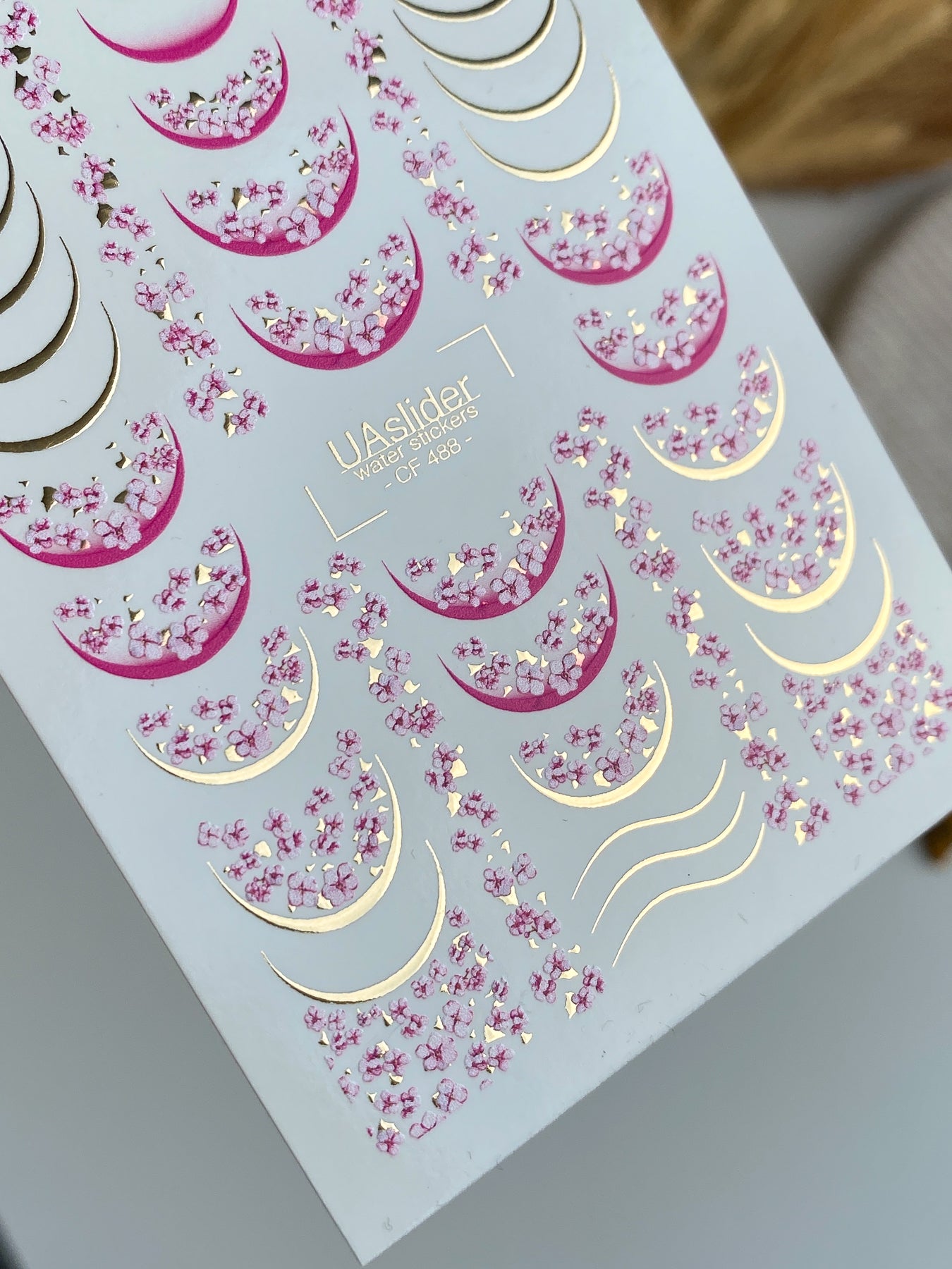 Nail Water Decal CF-488 | Sakura Blossom Nail Water Decals with Gold Accents | Floral French Design