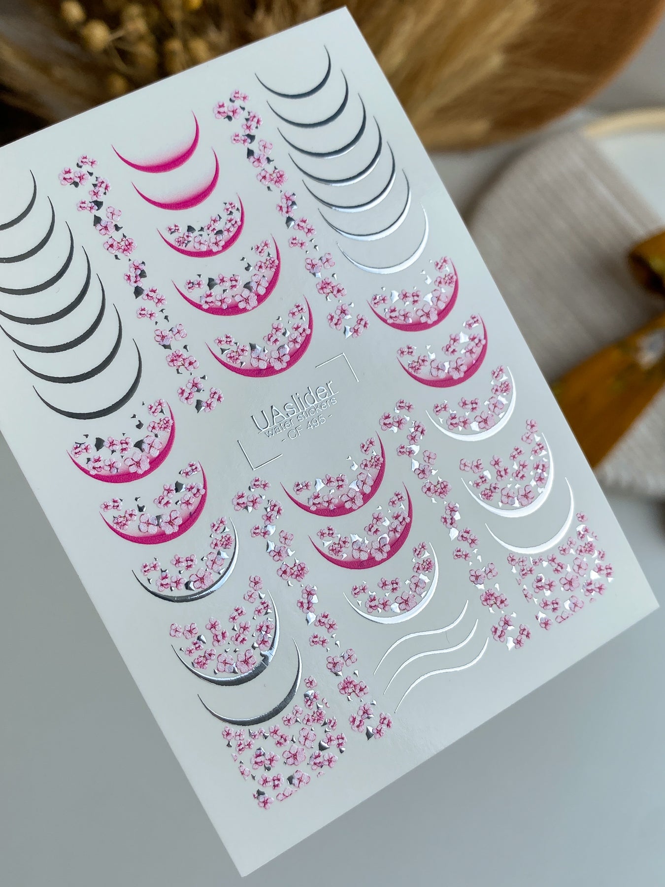 Nail Water Decal CF-495 | Sakura French Nail Water Decals with Silver Accents | Floral Nail Stickers