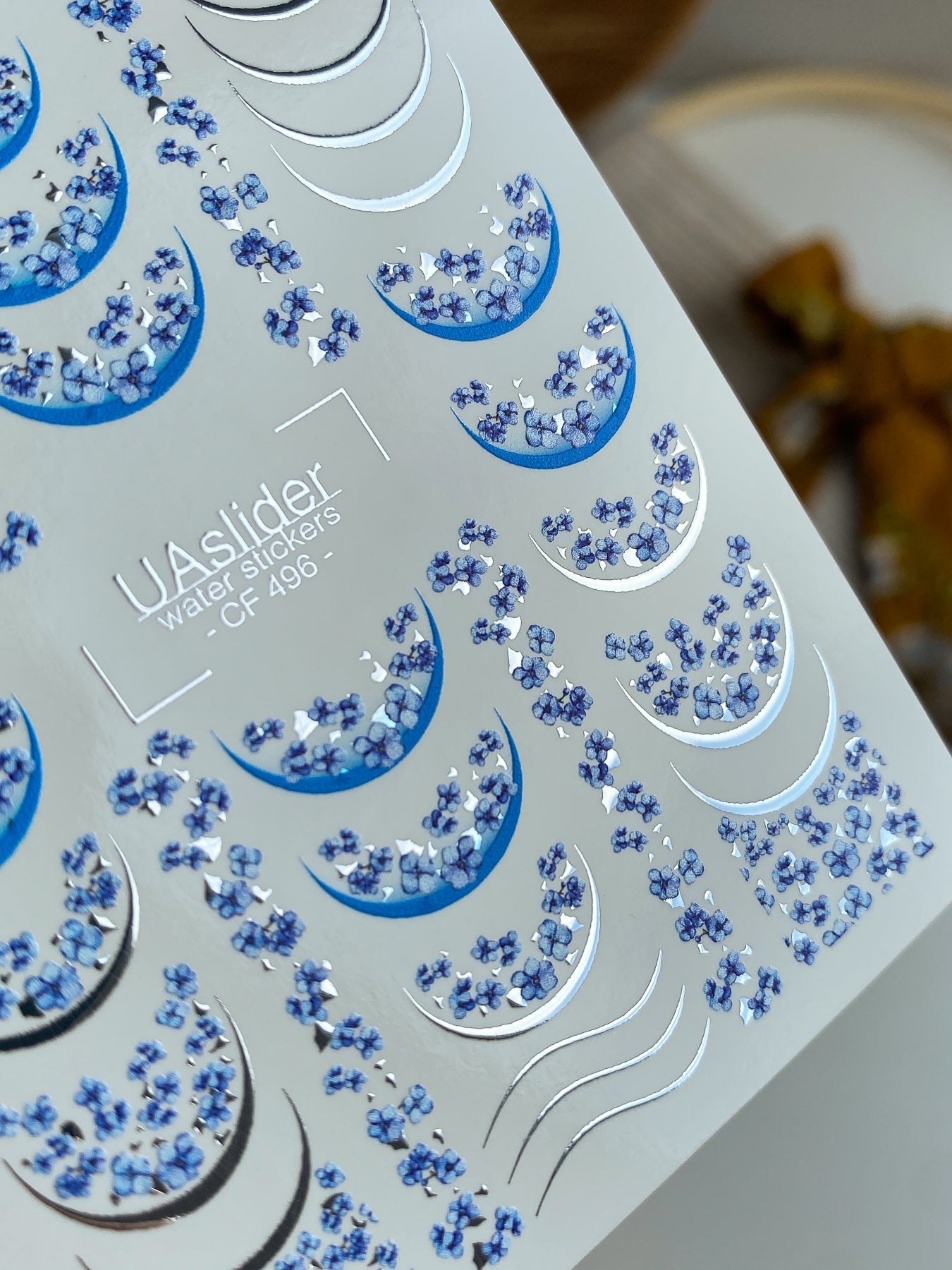 Nail Water Decal CF-496 | Blue Sakura French Nail Water Decals with Silver Accents | Floral Nail Stickers