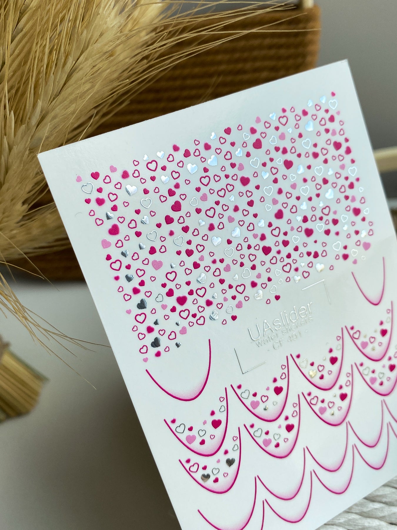 Nail Water Decal CF-491 | Pink & Silver Heart Nail Water Decals | French Tip Romantic Design