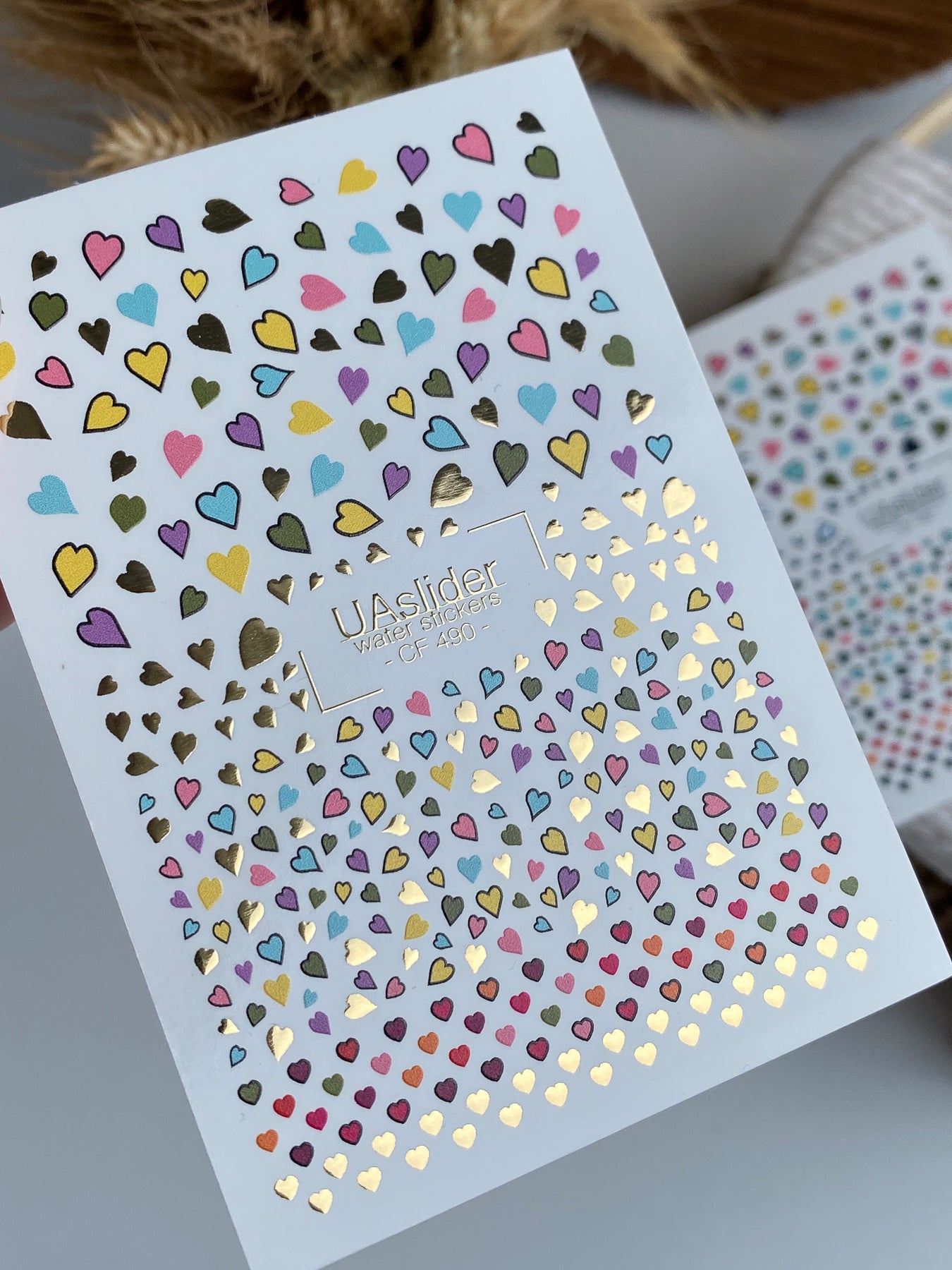 Nail Water Decal CF-497 | Colorful Hearts Nail Water Decals with Gold Foil | Love Themed Nail Stickers