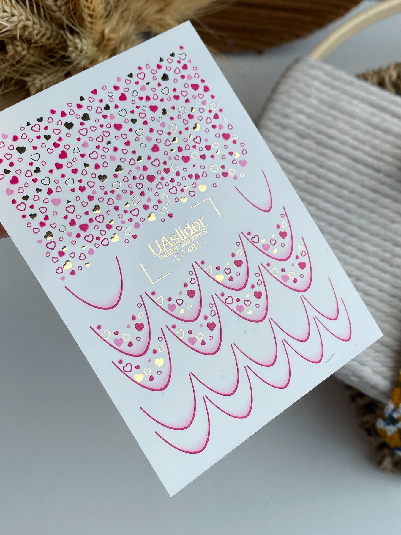 Nail Water Decal CF-484 | Pink Heart French Nail Water Decals | Love & Romantic Design