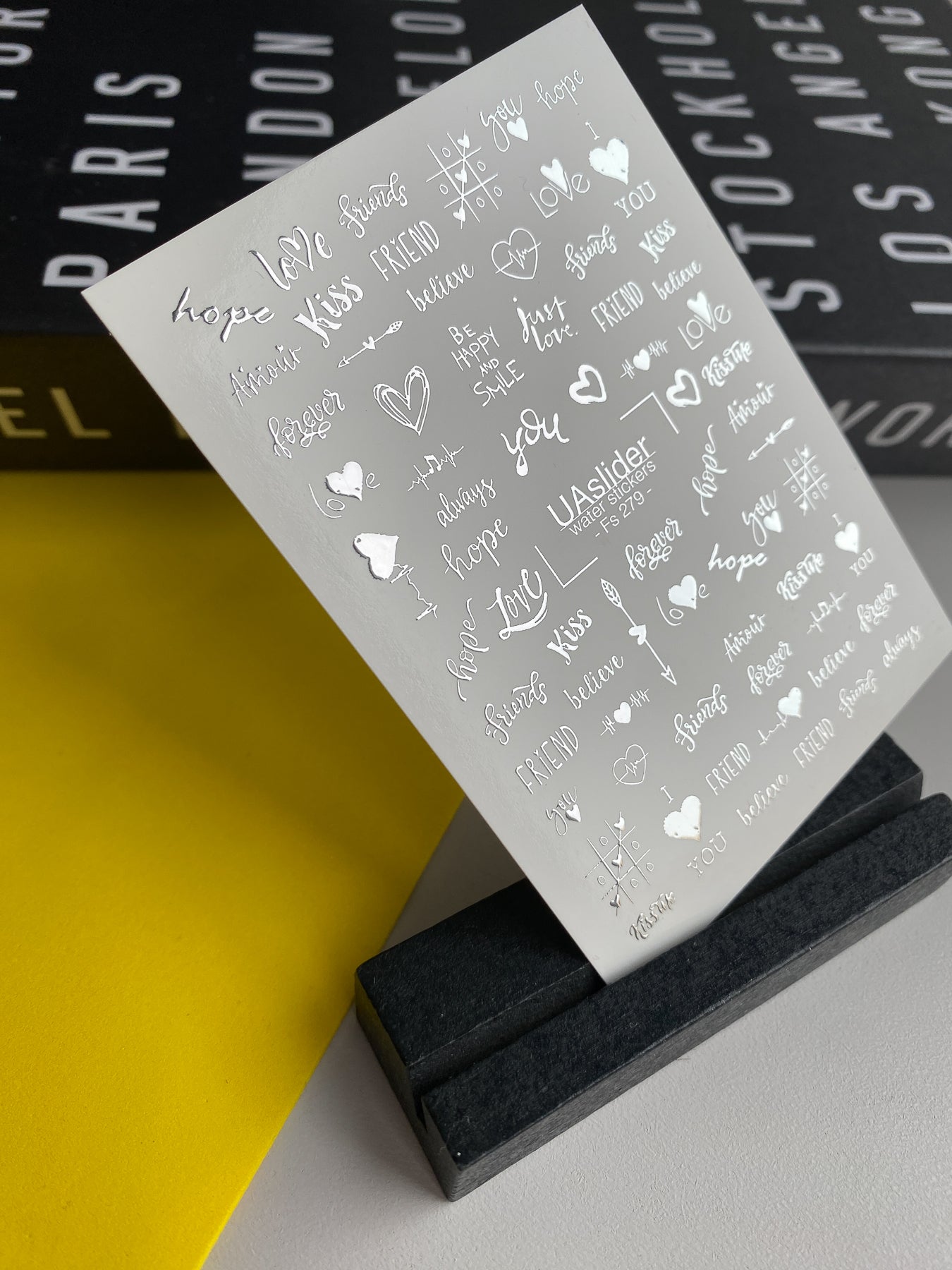 Nail Water Decal Fs-279 | Romantic Water Slide Nail Decals | Silver Foil Words & Love Symbols