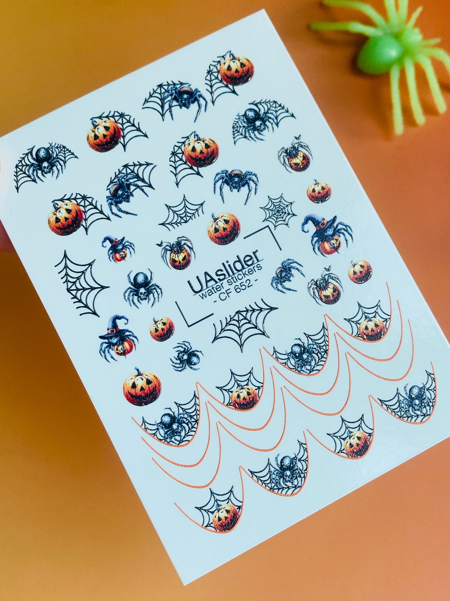 Nail Water Decal CF-652 | Halloween Water Slide Nail Decals | Pumpkins, Spiders & Web French Tips