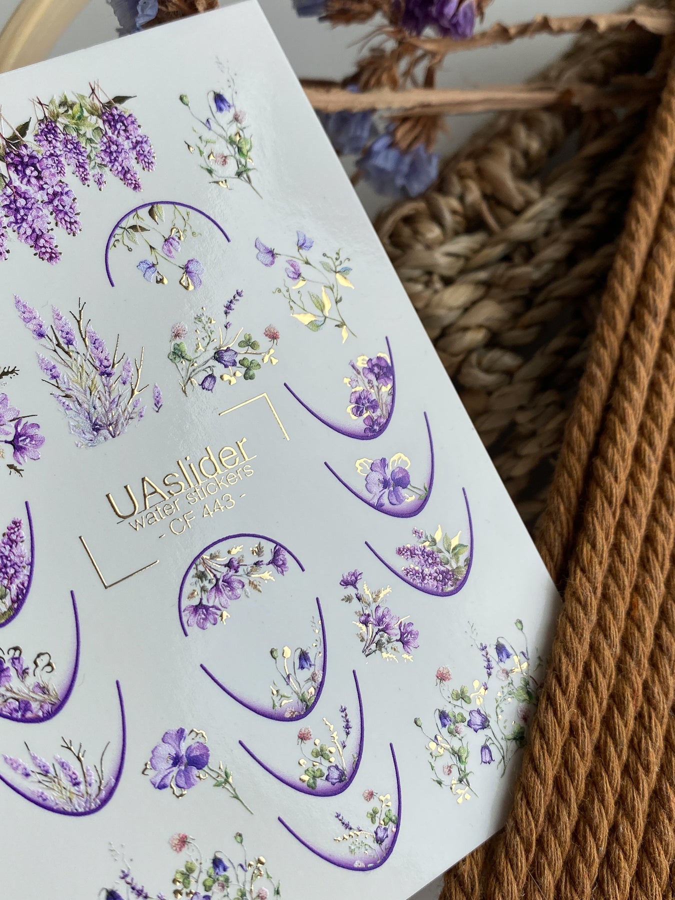 Nail Water Decal CF-443 | Floral Water Slide Nail Decals | Lavender & Purple French Tips