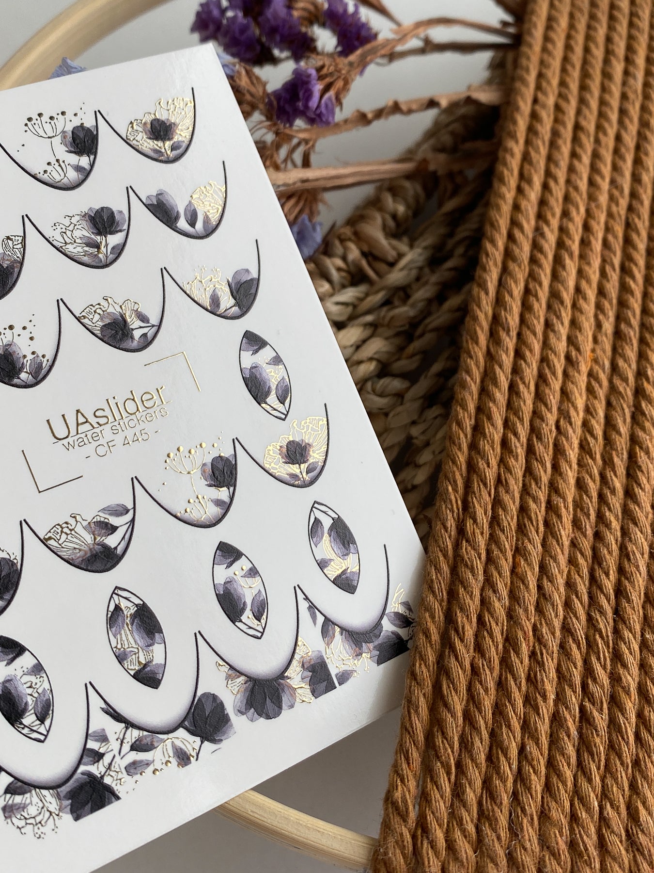 Nail Water Decal CF-445 | Floral Water Slide Nail Decals | Black Flowers with Gold French Tips