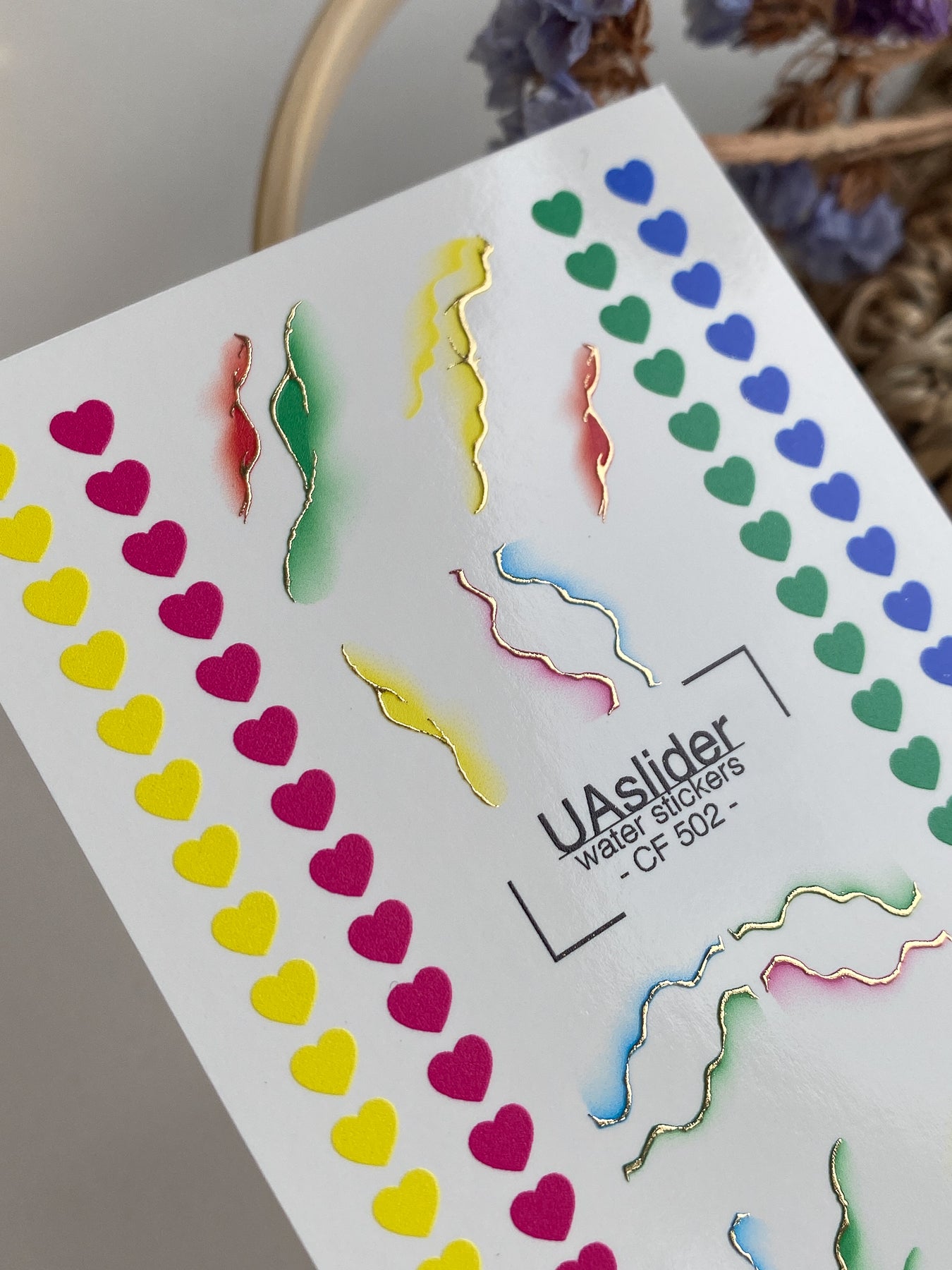 Nail Water Decal CF-502 | Water Slide Nail Decals with Rainbow Hearts & Abstract Lines | Colorful Nail Art