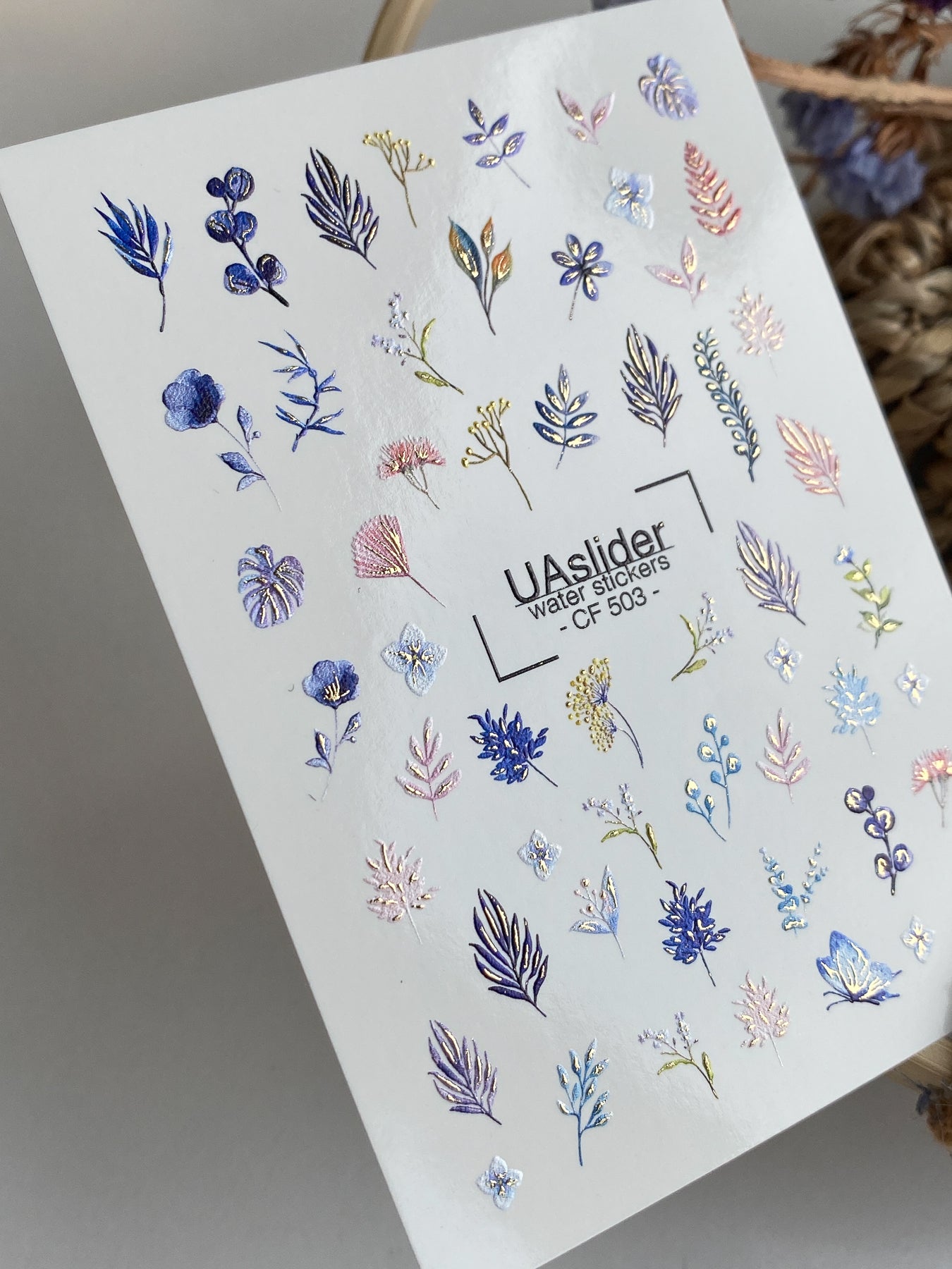 Nail Water Decal CF-503 | Water Slide Nail Decals with Blue Flowers & Botanical Leaves | Minimal Floral Nail Art