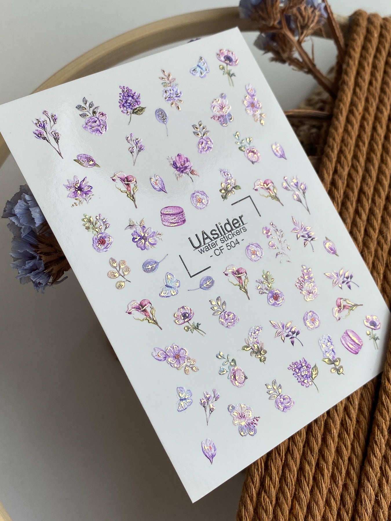 Nail Water Decal CF-504 | Water Slide Nail Decals with Purple Flowers & Butterflies | Romantic Floral Nail Art