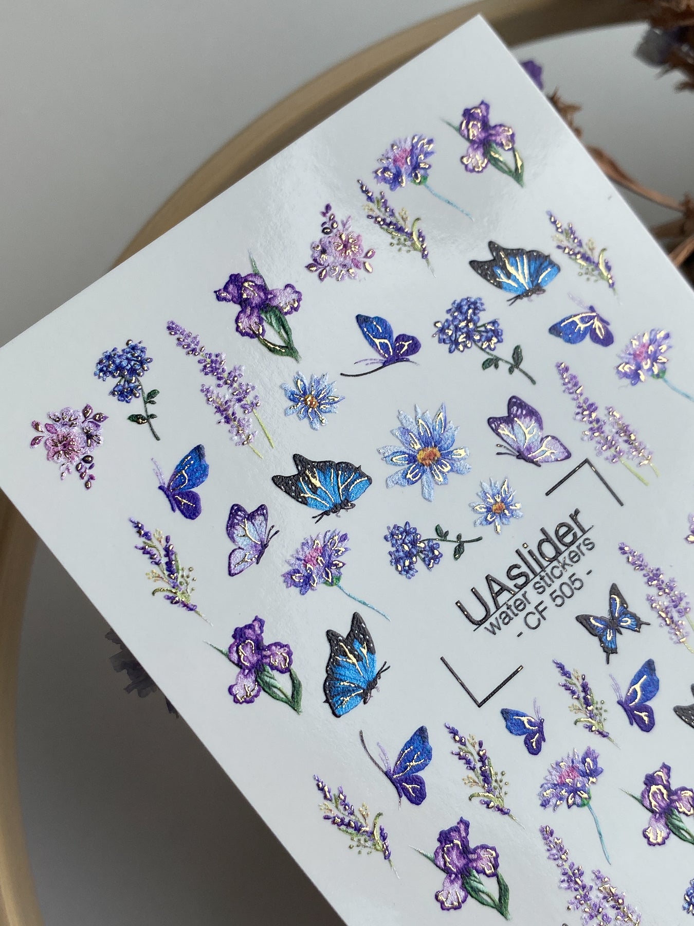 Nail Water Decal CF-505 | Water Slide Nail Decals with Blue Butterflies & Lavender Flowers | Floral Nail Art