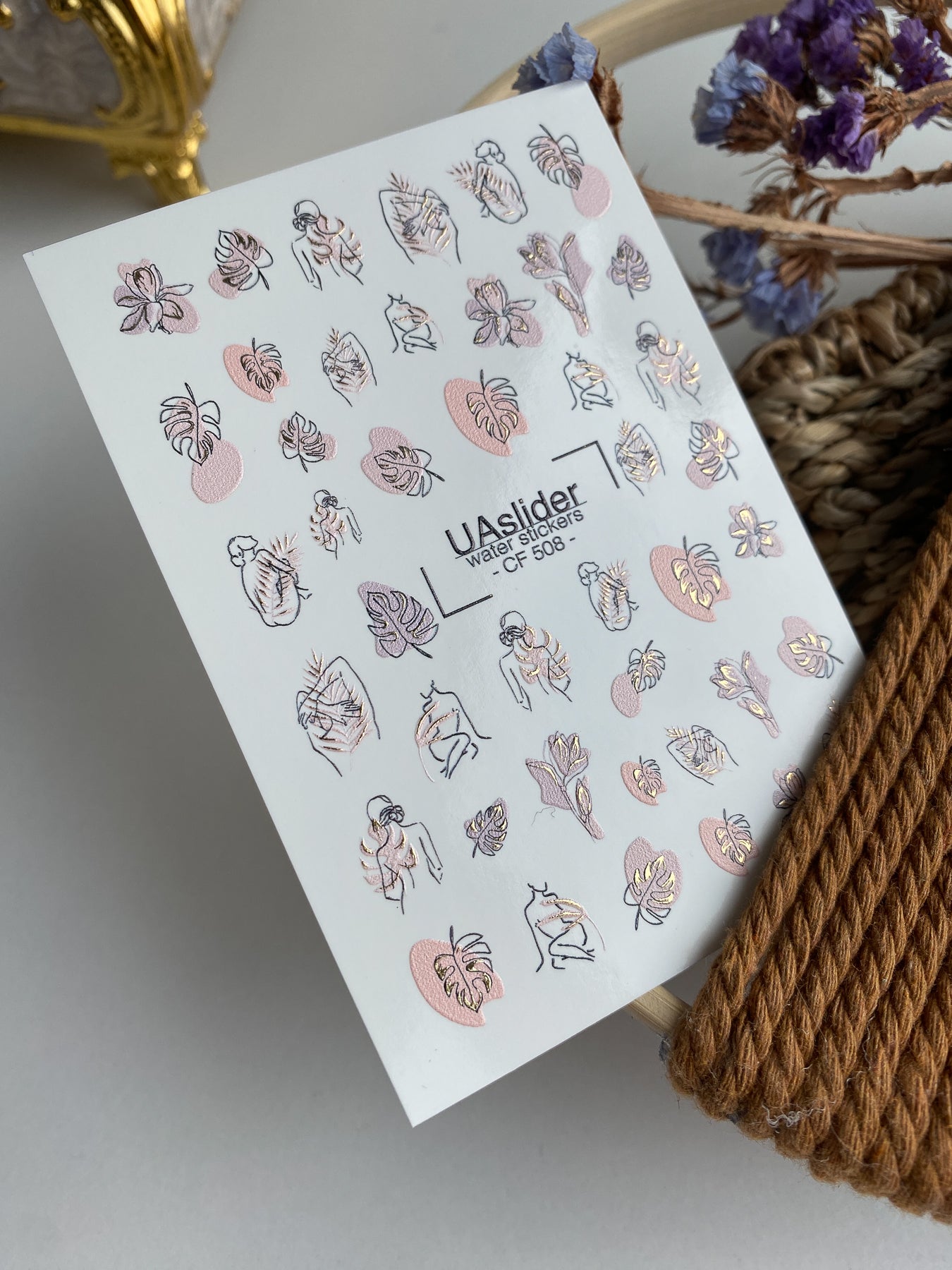 Nail Water Decal CF-508 | Water Slide Nail Decals with Abstract Line Art & Monstera Leaves | Minimal Nail Art