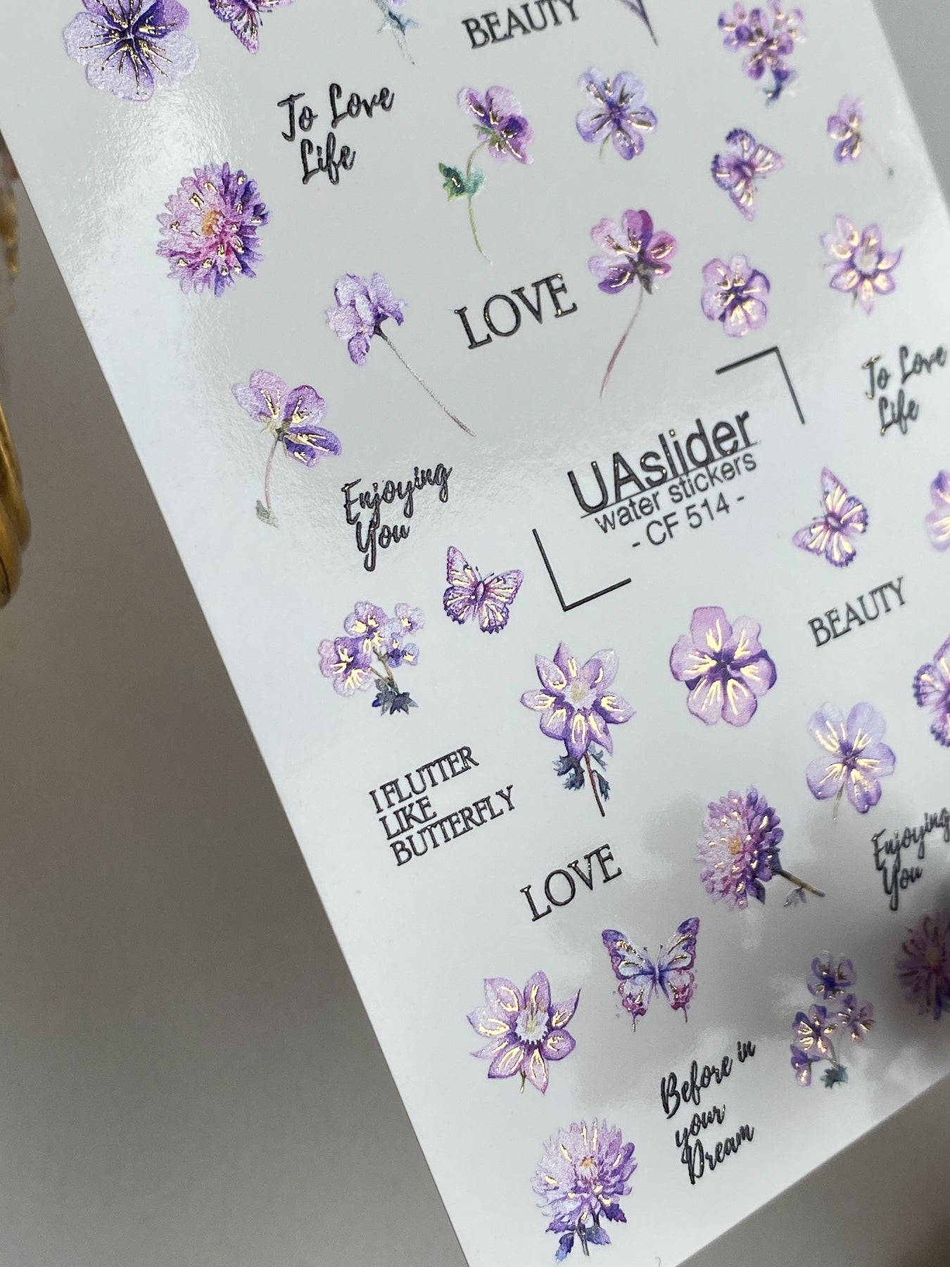 Nail Water Decal CF-514 | Water Slide Nail Decals with Purple Flowers & Butterflies | Romantic Nail Art with Quotes