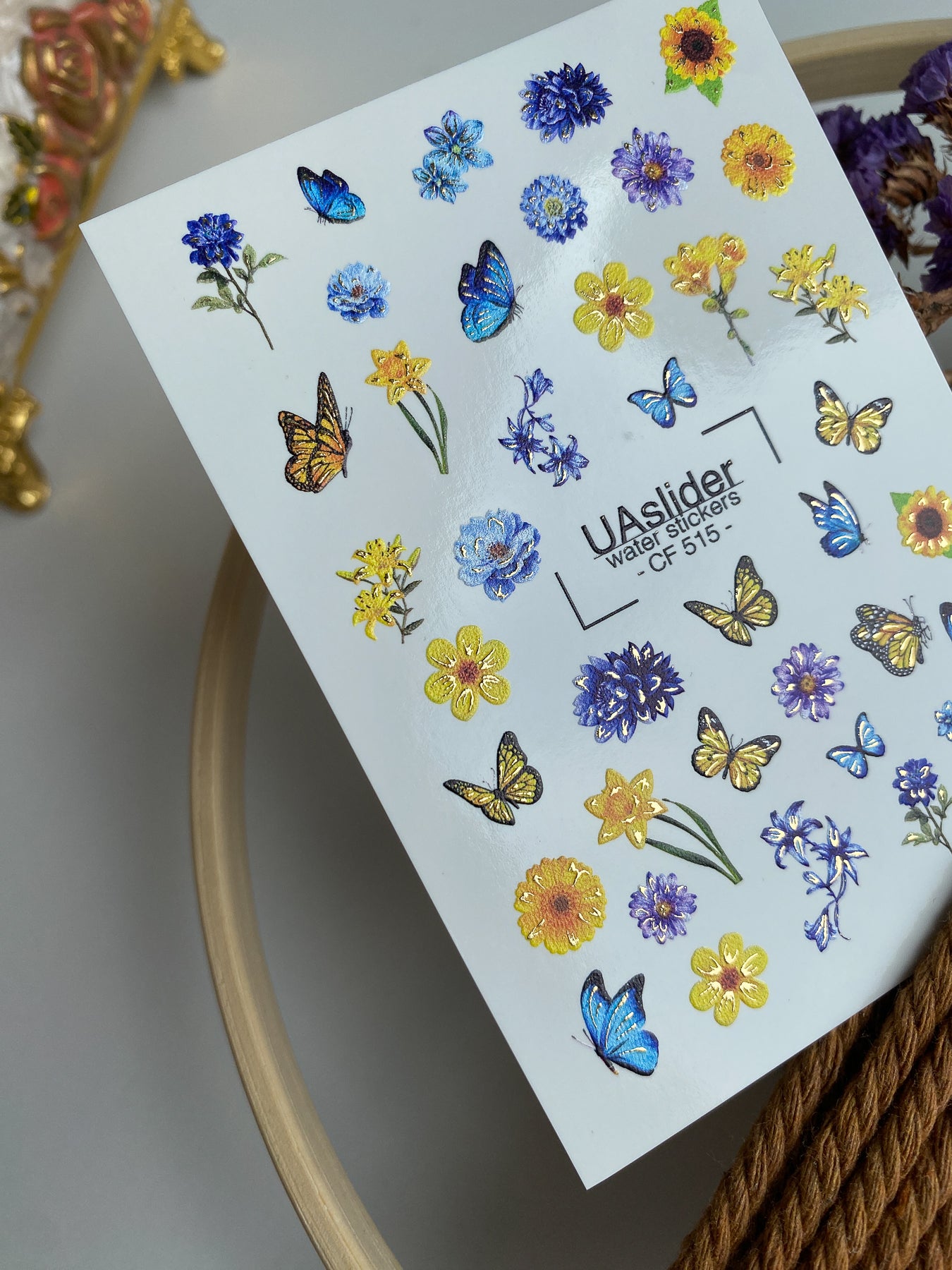 Nail Water Decal CF-515 | Water Slide Nail Decals with Blue & Yellow Flowers and Butterflies | Summer Floral Nail Art