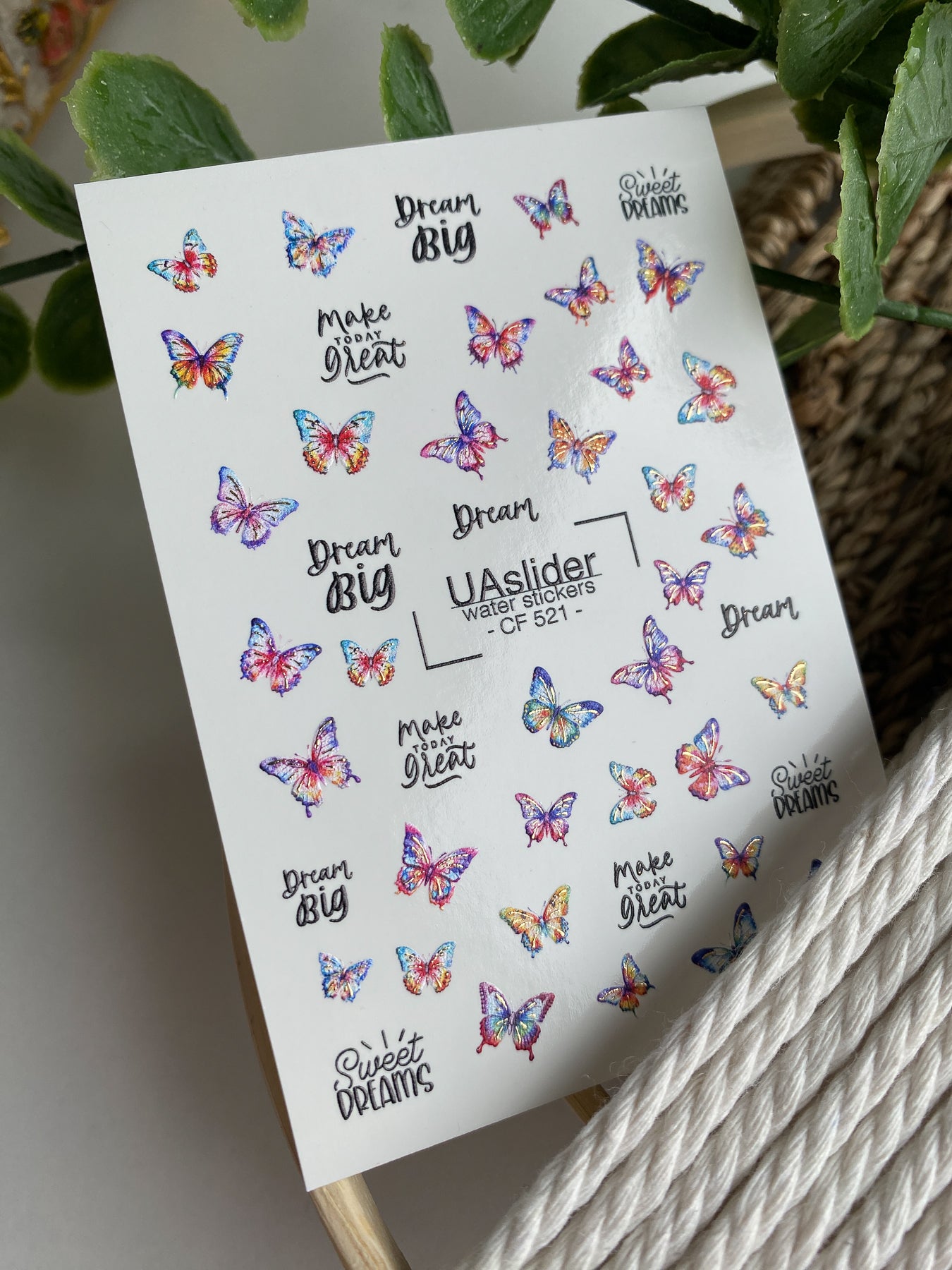 Decalcomanii de apă pentru unghii CF-521 | Decalcomanii pentru unghii cu alunecare pe apă cu fluturi colorați și citate | Artă inspirațională pentru unghii