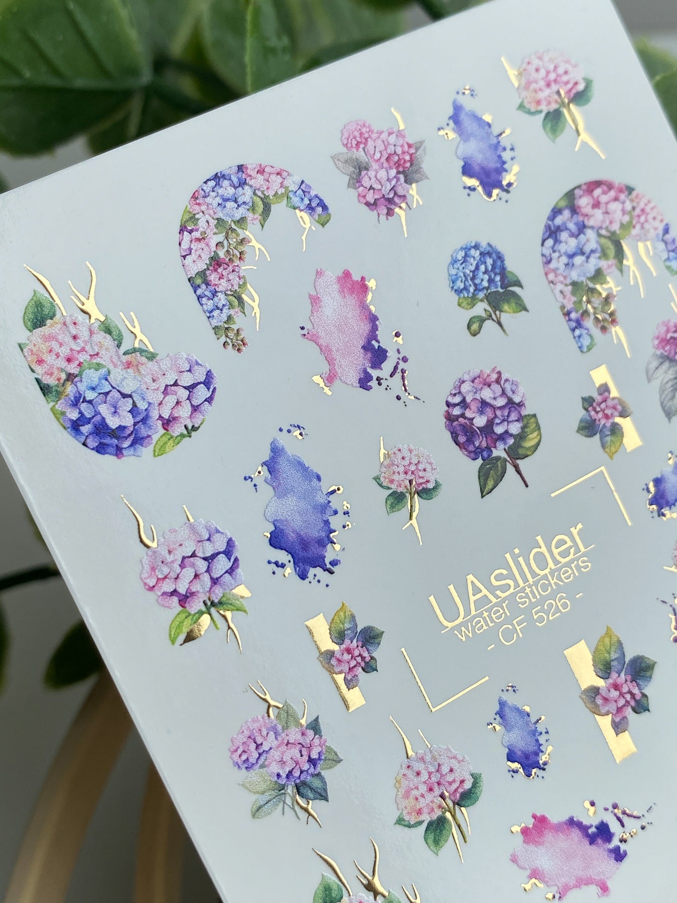 Nail Water Decal CF-526 | Water Slide Nail Decals with Hydrangeas & Gold Accents | Floral Watercolor Nail Art