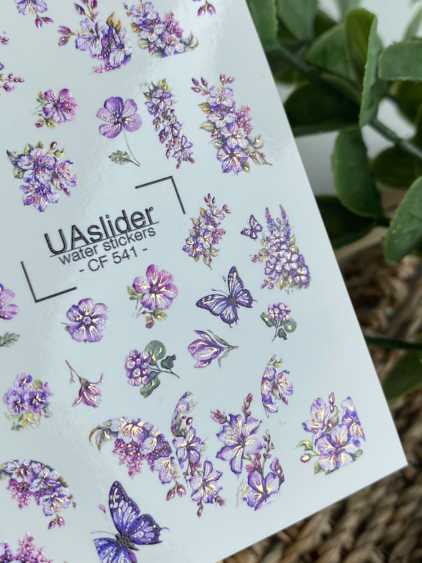 Nail Water Decal CF-541 | Water Slide Nail Decals with Purple Flowers & Butterflies | Elegant Floral Nail Art