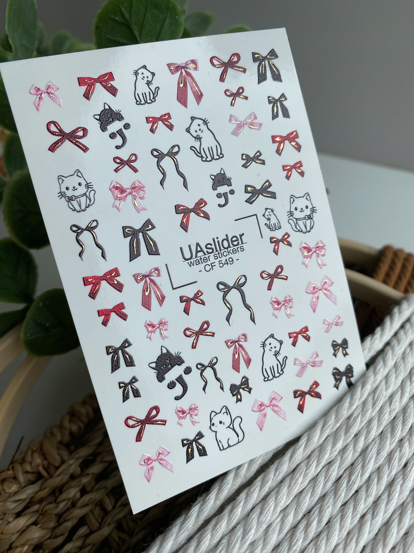 Nail Water Decal CF-549 | Cute Cat & Bow Nail Decals | Red, Pink & Black Water Stickers